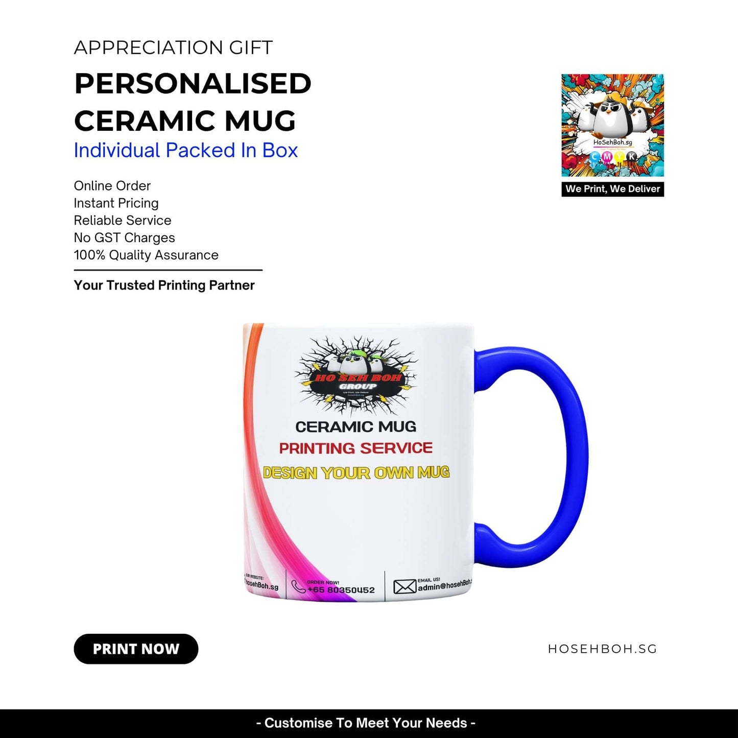 Personalized ceramic mug in a box for gifts, featuring printing service and custom design options from Hosehboh.