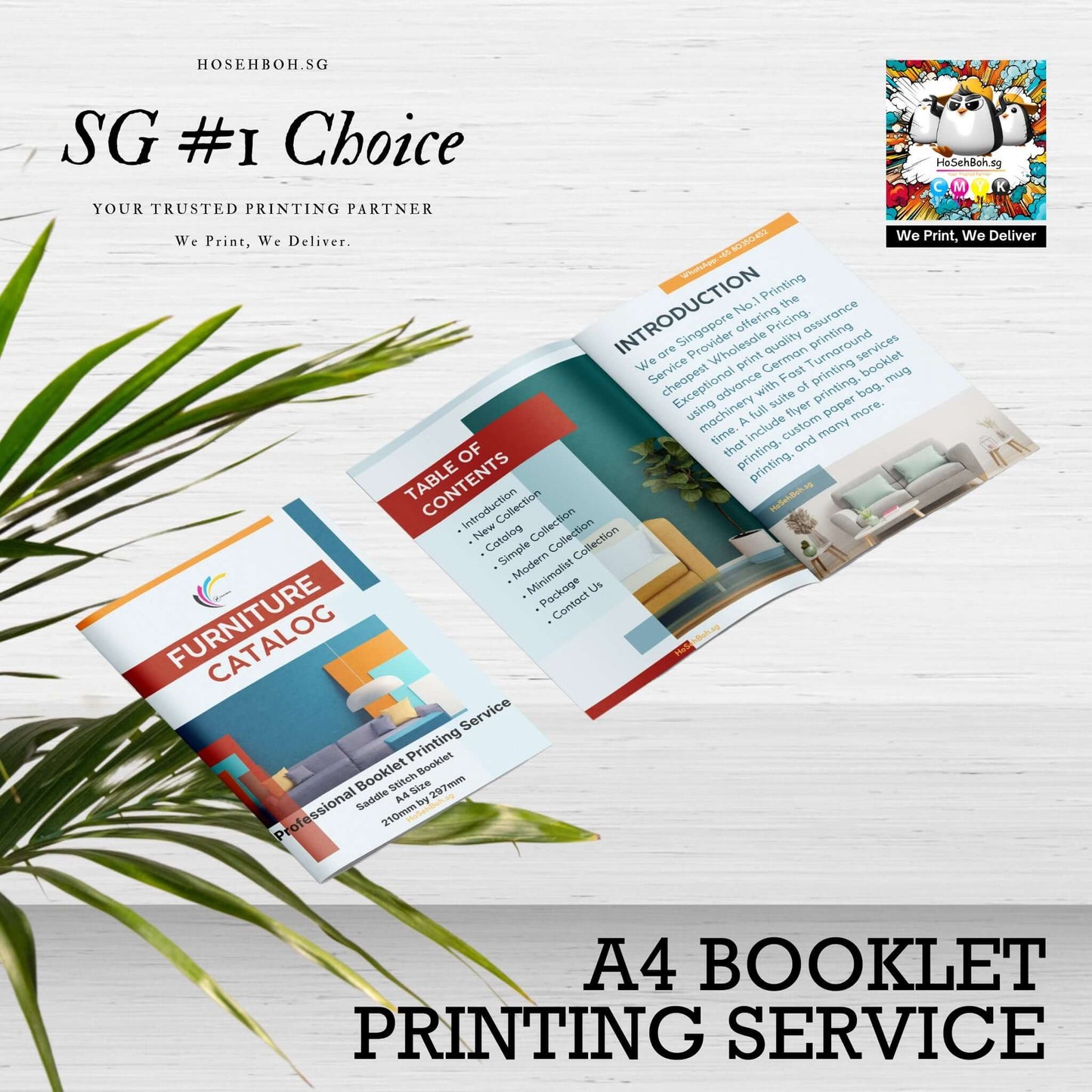 A4 saddle stitch booklet printing service in Singapore showcasing a furniture catalog and table of contents.
