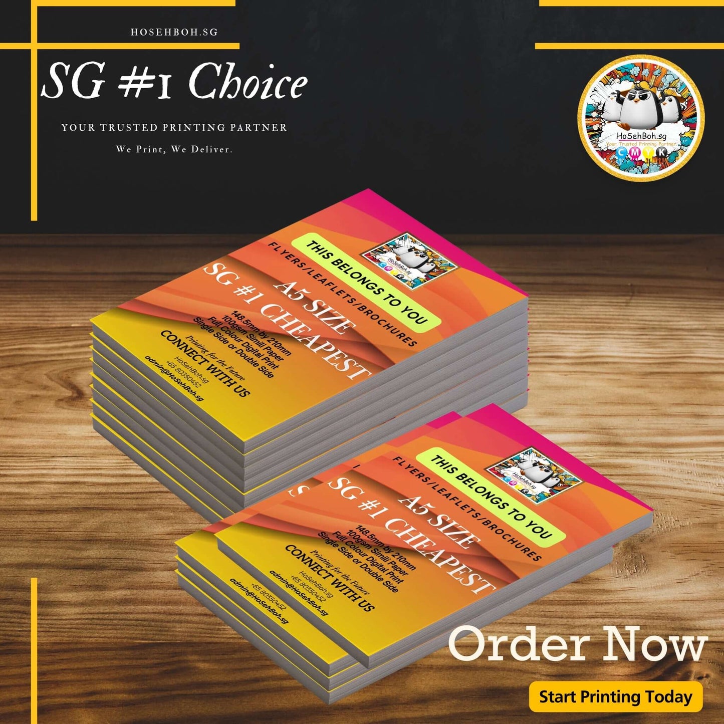 A5 digital flyers stacked for affordable printing service in Singapore. Fast, reliable, and cost-effective solutions.