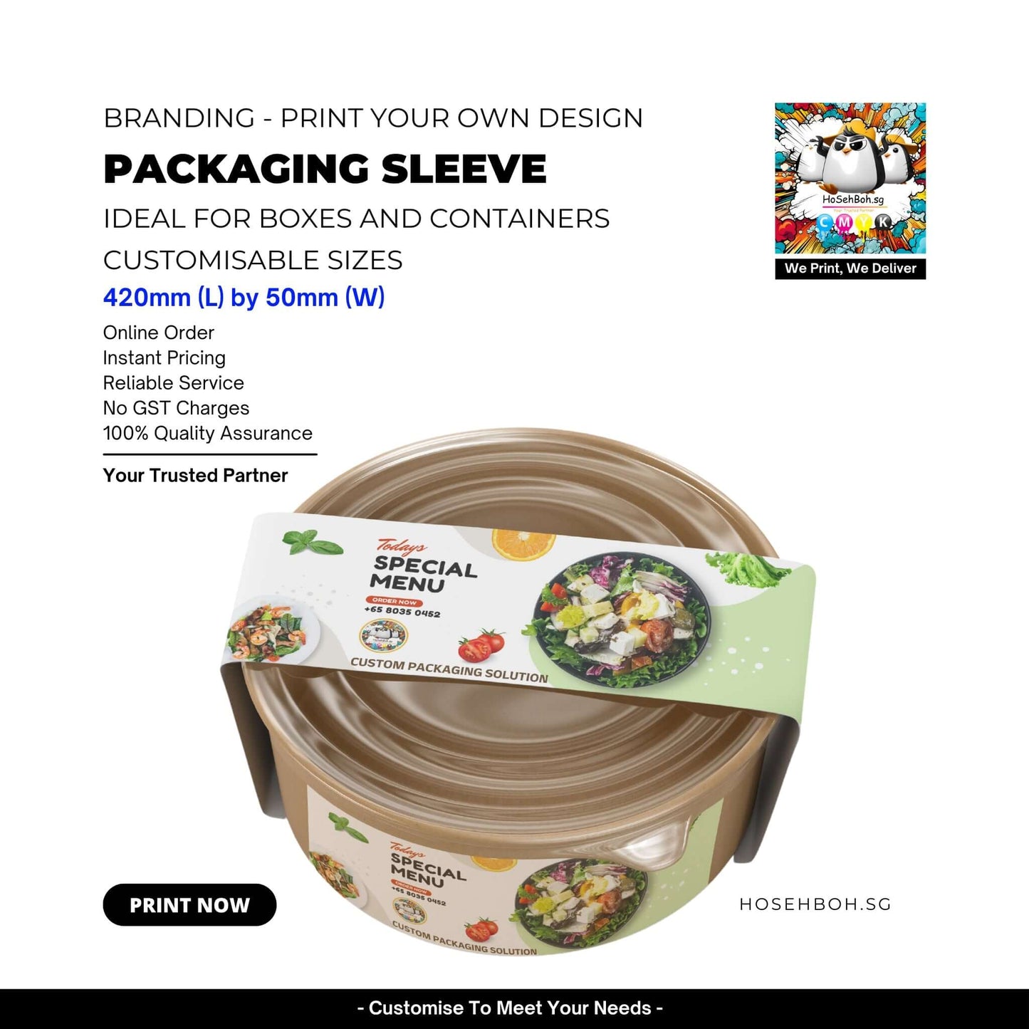 Packaging sleeve printing for custom boxes and containers, 420mm x 50mm with quality assurance and reliable pricing.