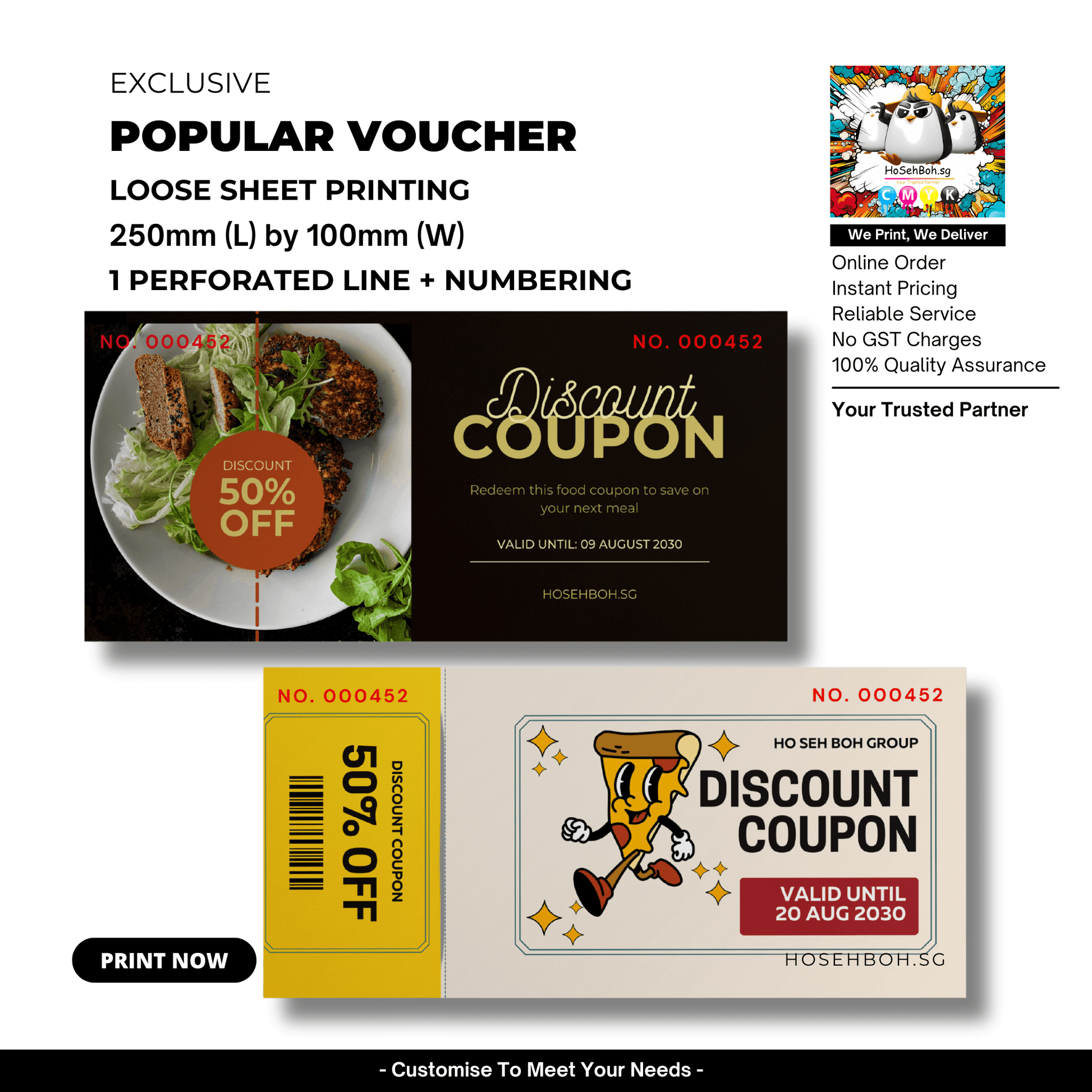 Custom discount vouchers by Ho Seh Boh Group, 250mm x 100mm, cheapest voucher printing service in Singapore.