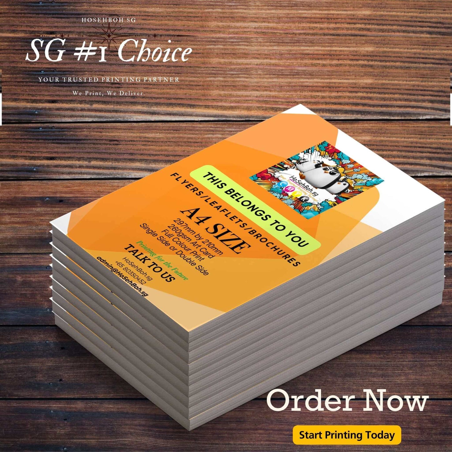 A4 Digital Impact Print 260gsm flyers stacked, promoting Singapore's cheapest A4 flyer printing service.