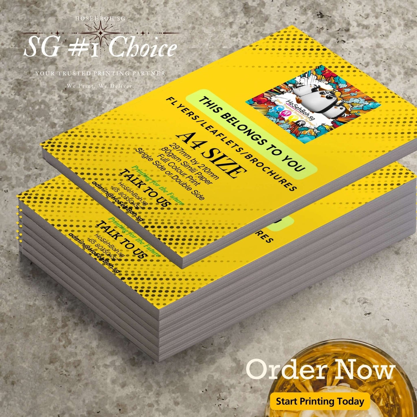 Cheap A4 flyer printing showcasing vibrant A4 size brochures stacked on a surface.