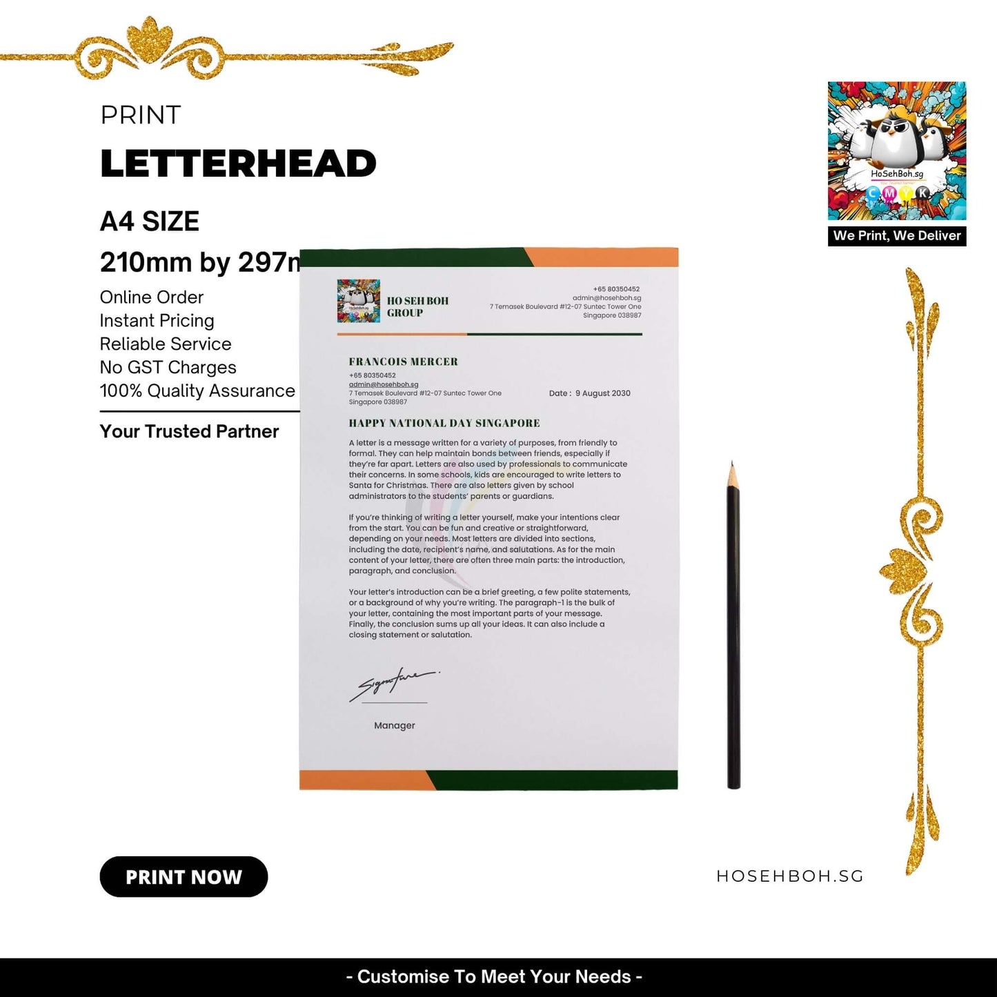 Affordable A4 letterhead print service showcasing quality assurance and instant pricing. Trusted partner for office supplies in Singapore.