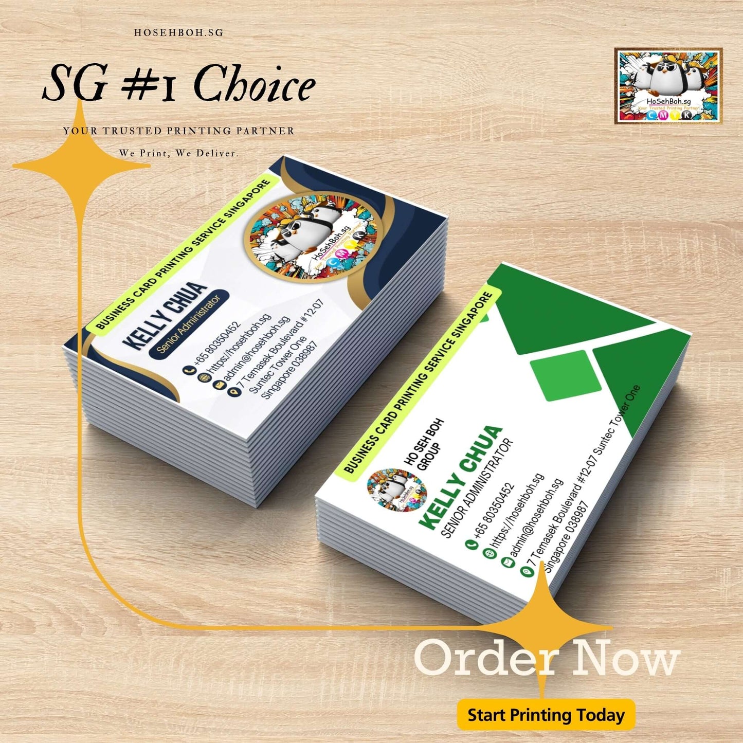 Matt lamination business cards showcasing vibrant design, promoting Namecard printing services in Singapore.