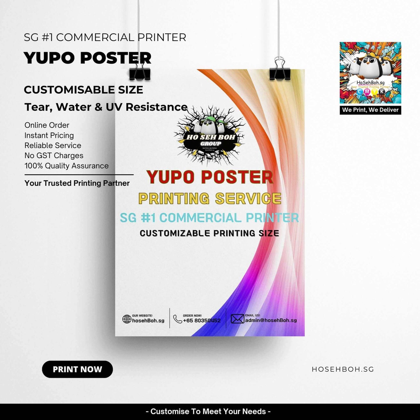 Yupo poster printing service showcasing customizable size, tear-resistant, water-resistant features.