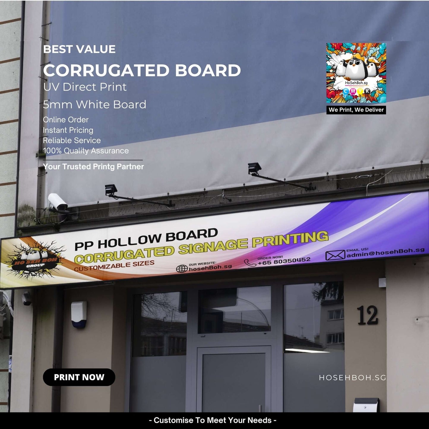 Best value corrugated board UV direct print service in Singapore by hosehBoh.sg, showcasing customizable sizes.