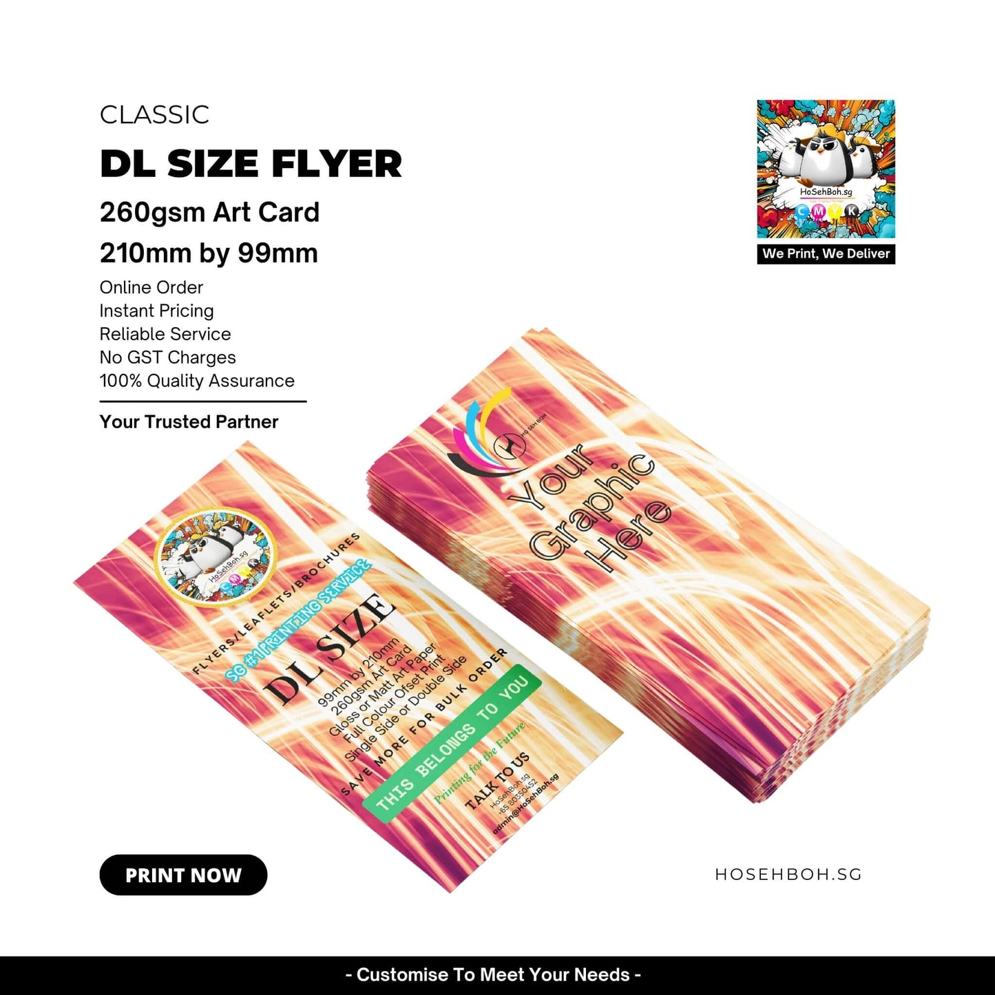 DL size flyer printing on 260gsm art card showcasing vibrant design for promotions, with reliable service and quality assurance.