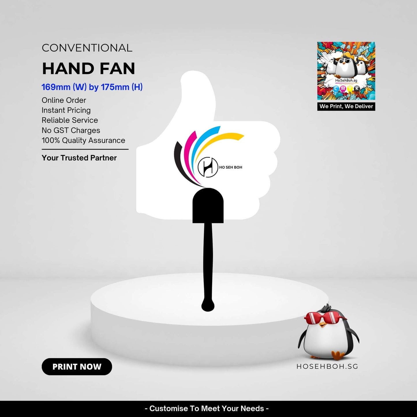 Printed hand fan with handle, customizable for events, available at cheapest rates in Singapore.