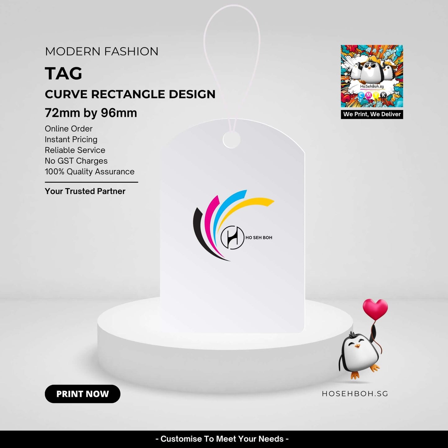 Curved rectangle hang tag design showcasing branding logo, ideal for product labeling, Cheapest hang tag label printing Singapore.