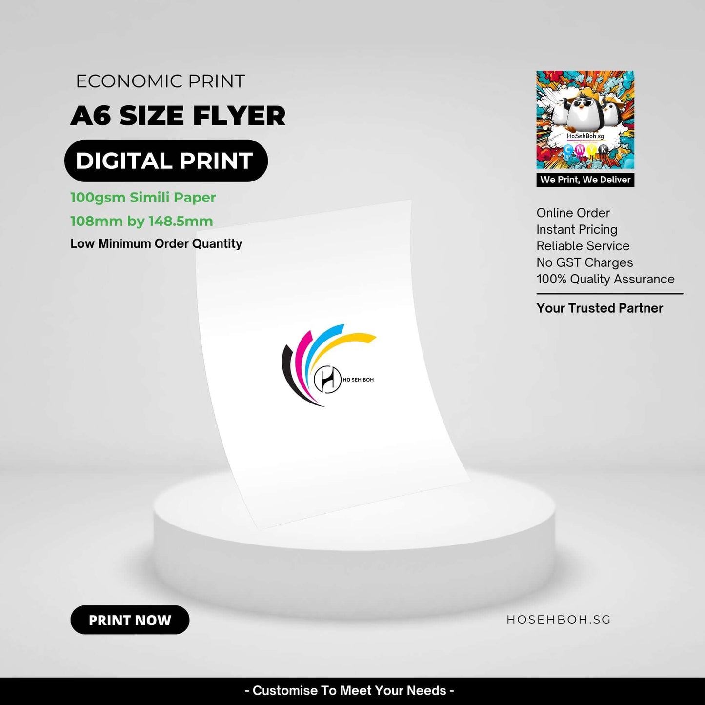 A6 Digital Economic Print flyer on display, 100gsm Simili paper, 108mm x 148.5mm, low minimum order quantity.