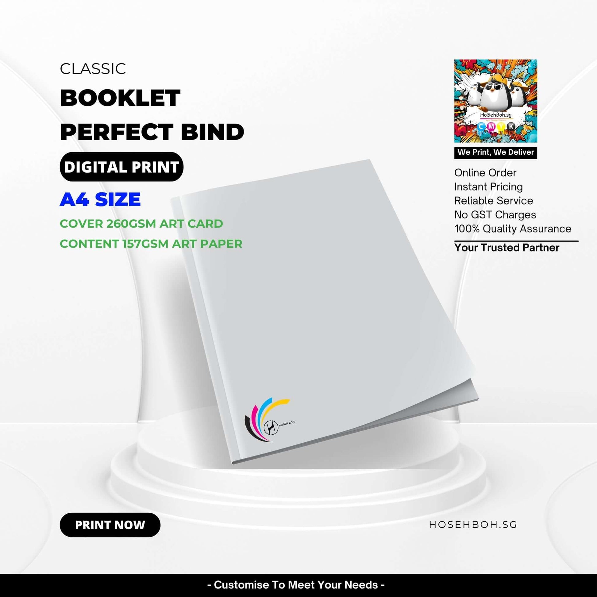 Classic A4 perfect bind booklet showcasing cover 260gsm art card and content 157gsm art paper, offered by a digital printing service in Singapore.