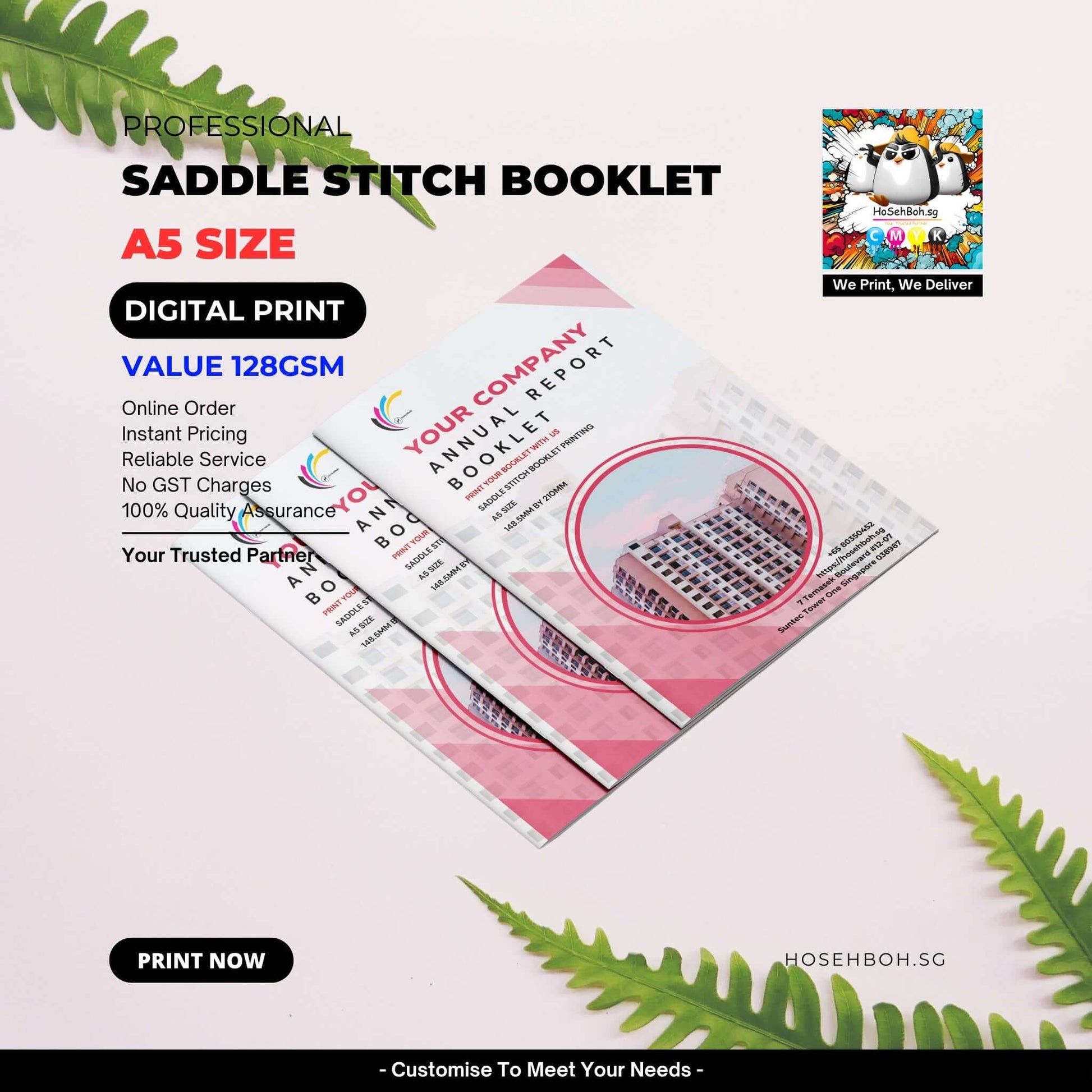 A5 saddle stitch booklet showcasing digital printing services in Singapore, with vibrant cover design and key ordering details.
