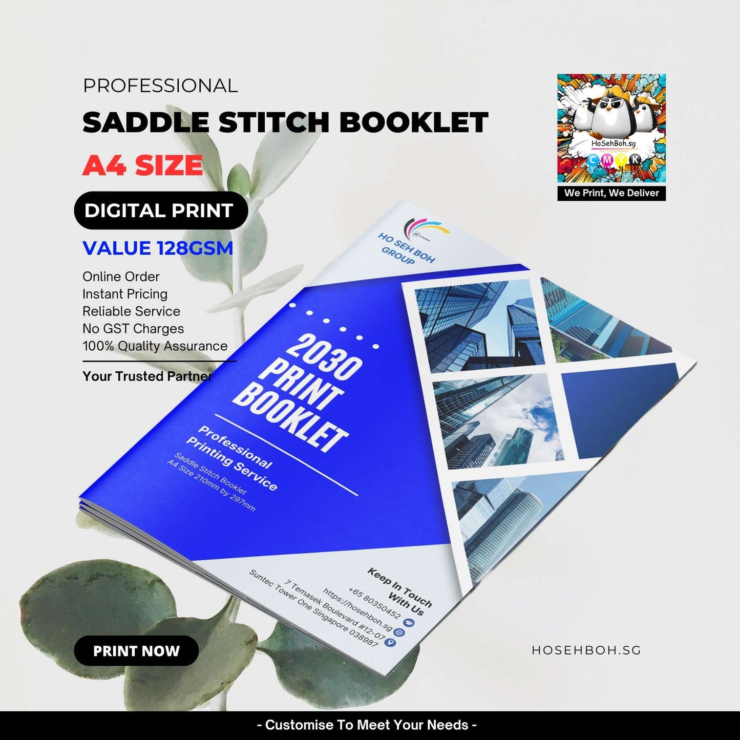 A4 size saddle stitch booklet showcasing digital printing service in Singapore, emphasizing quality and instant pricing.