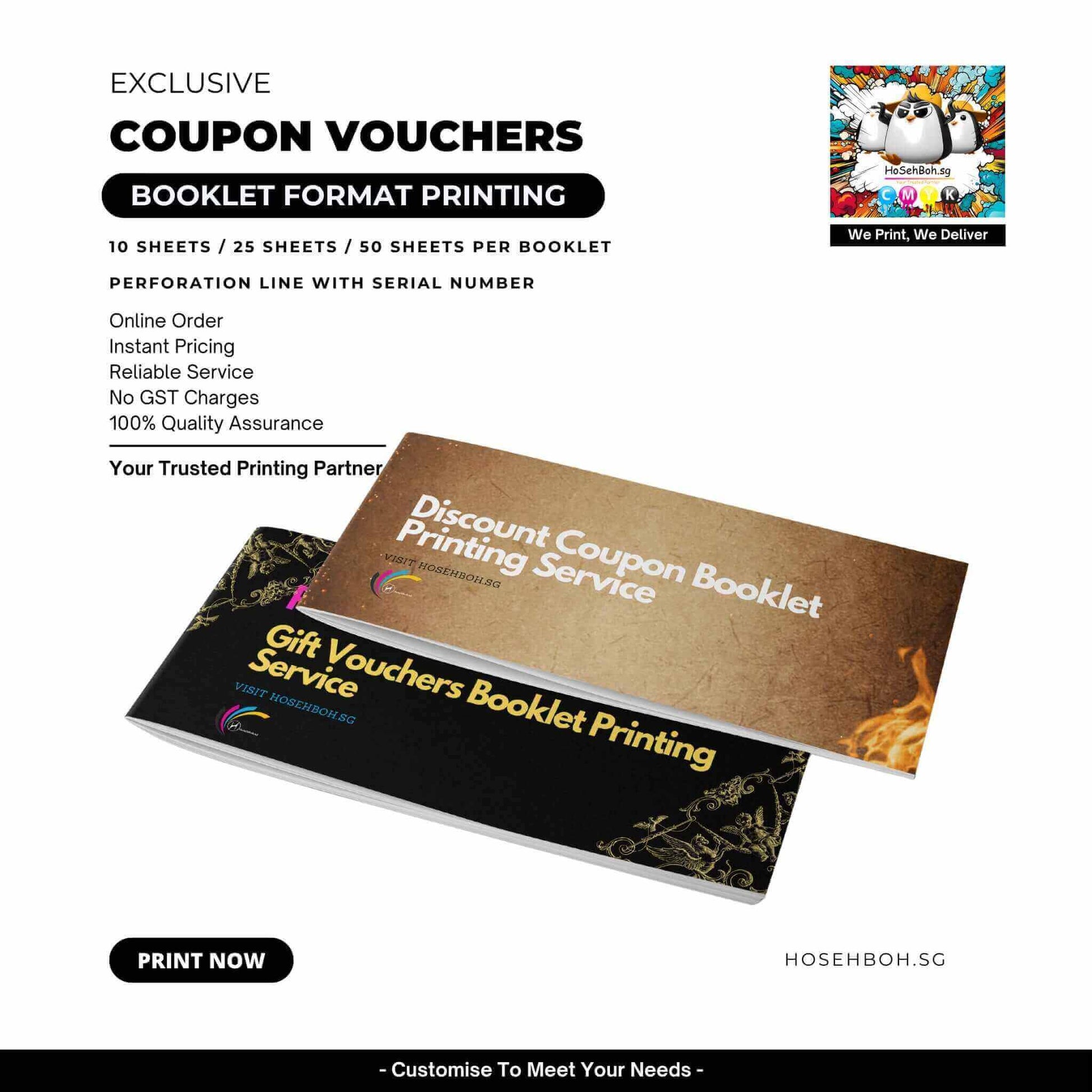 Booklet coupon vouchers printing services in Singapore, featuring discount and gift voucher designs for businesses.
