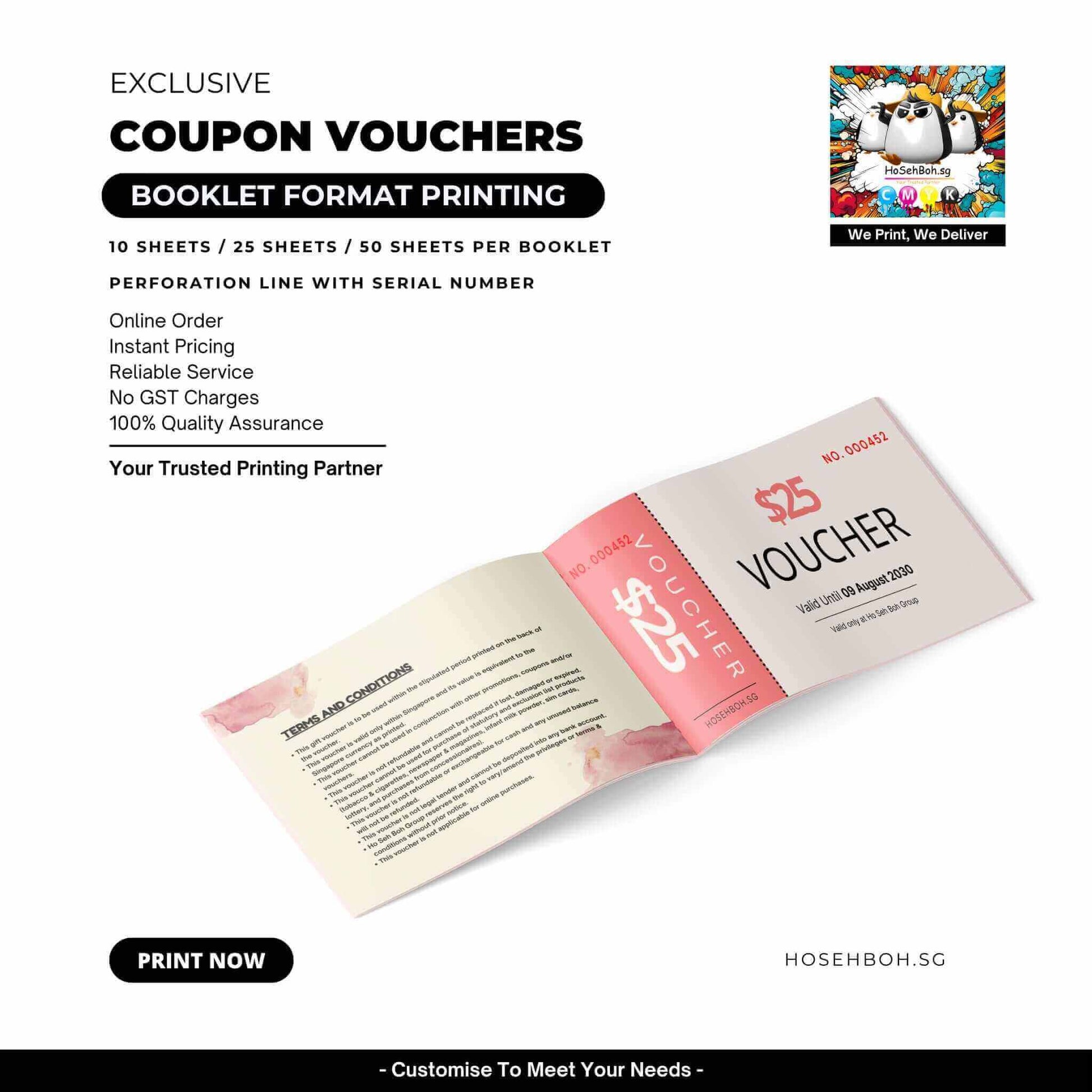 Booklet coupon vouchers offering $25 discount; printed by Ho Seh Boh Group, Singapore. Ideal for promotions.