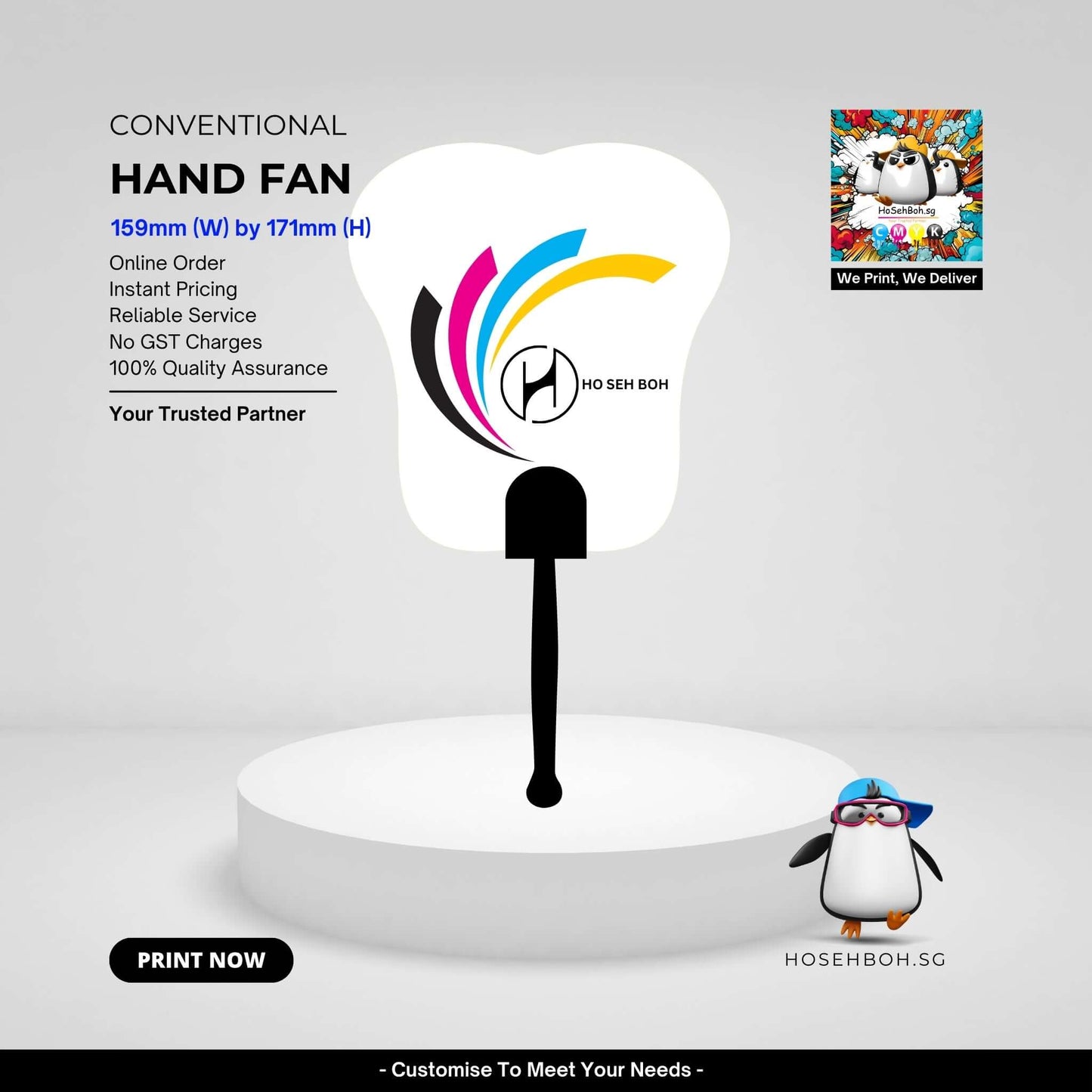 Custom printed hand fan showcasing vibrant design and dimensions, ideal for marketing in Singapore.