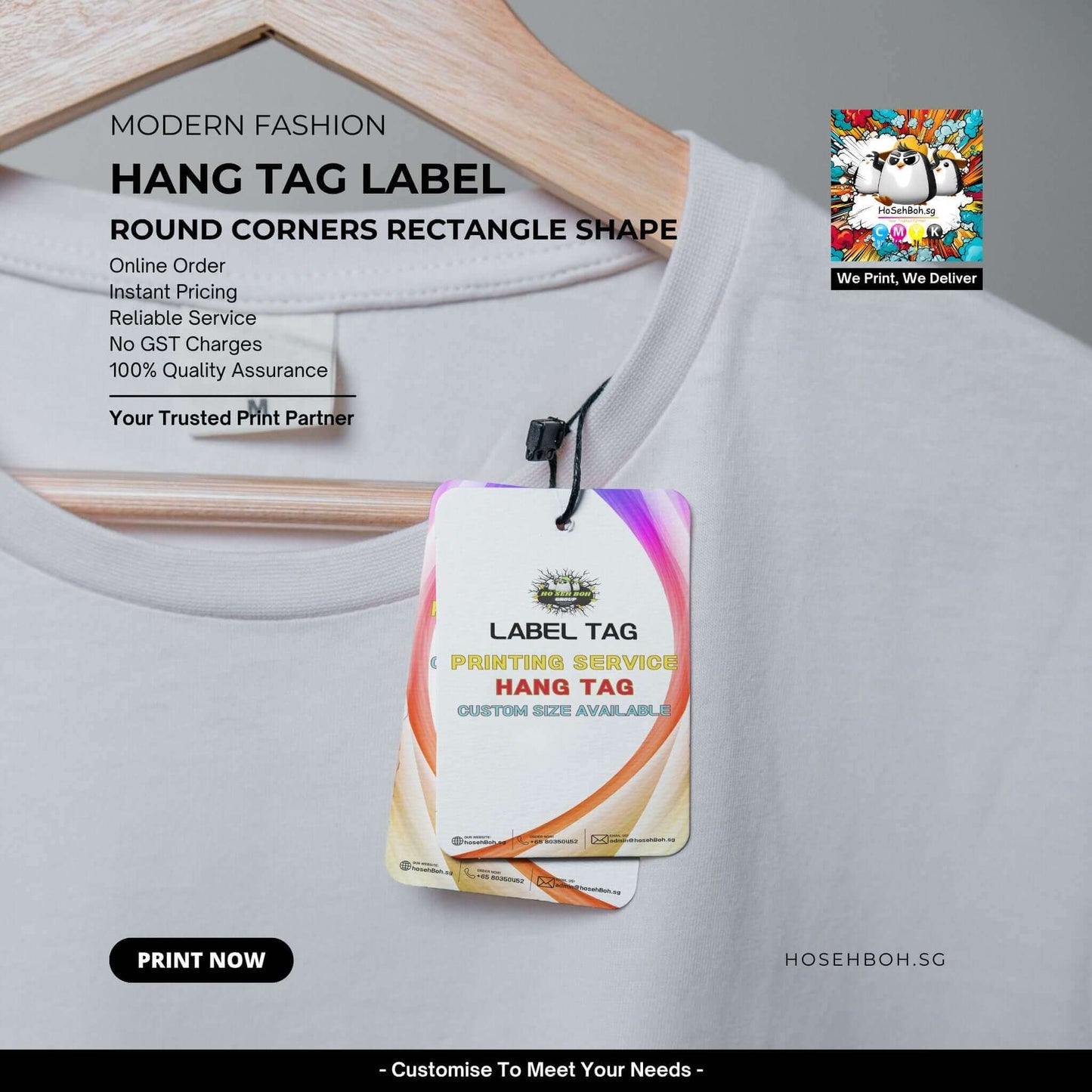 Hang tag label on a modern fashion t-shirt showcasing round corners and printing service details.