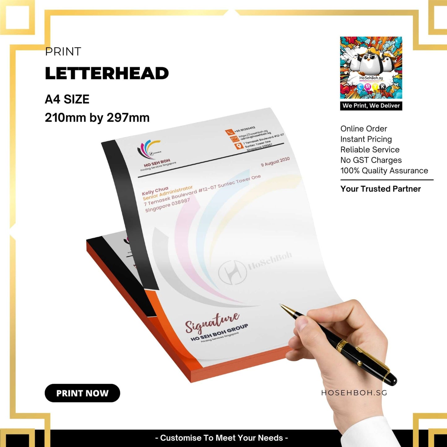 Custom A4 letterhead printing service showcasing design and quality for businesses in Singapore.