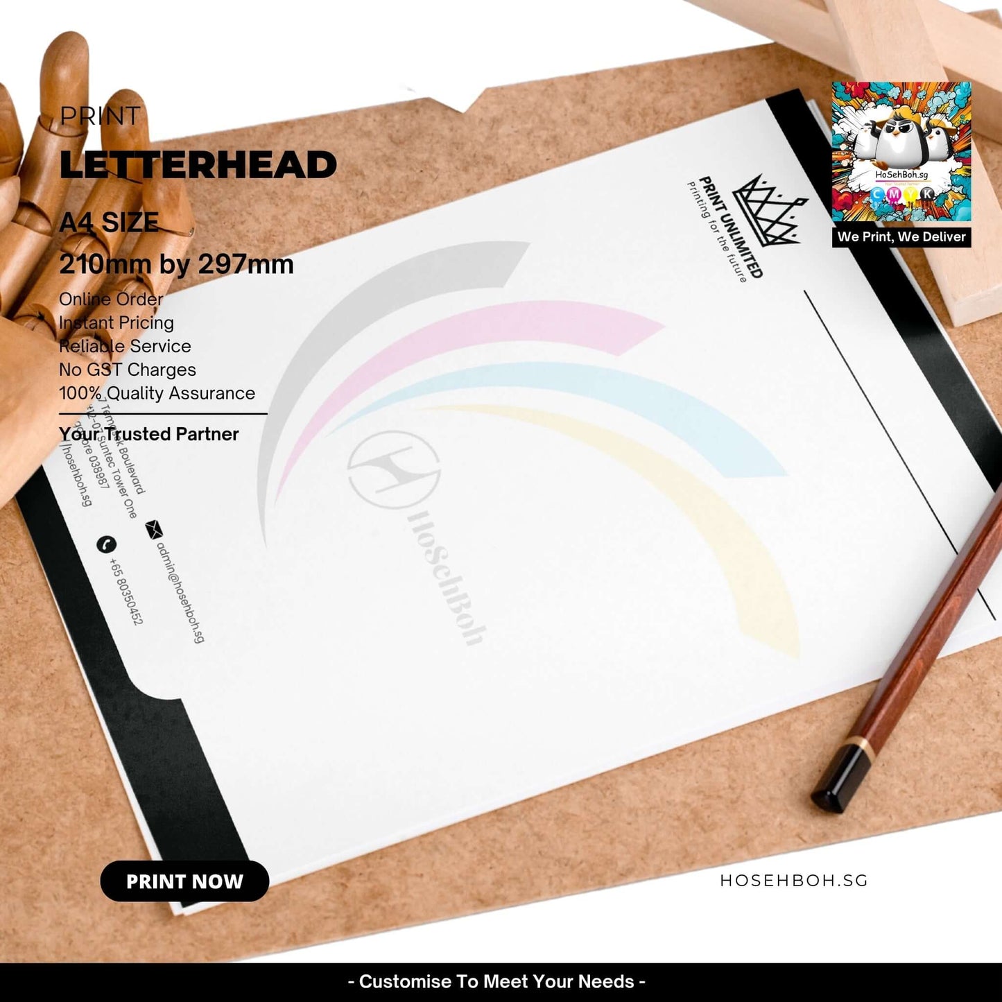 Affordable A4 letterhead design showcasing quality printing service in Singapore, tailored for business needs.