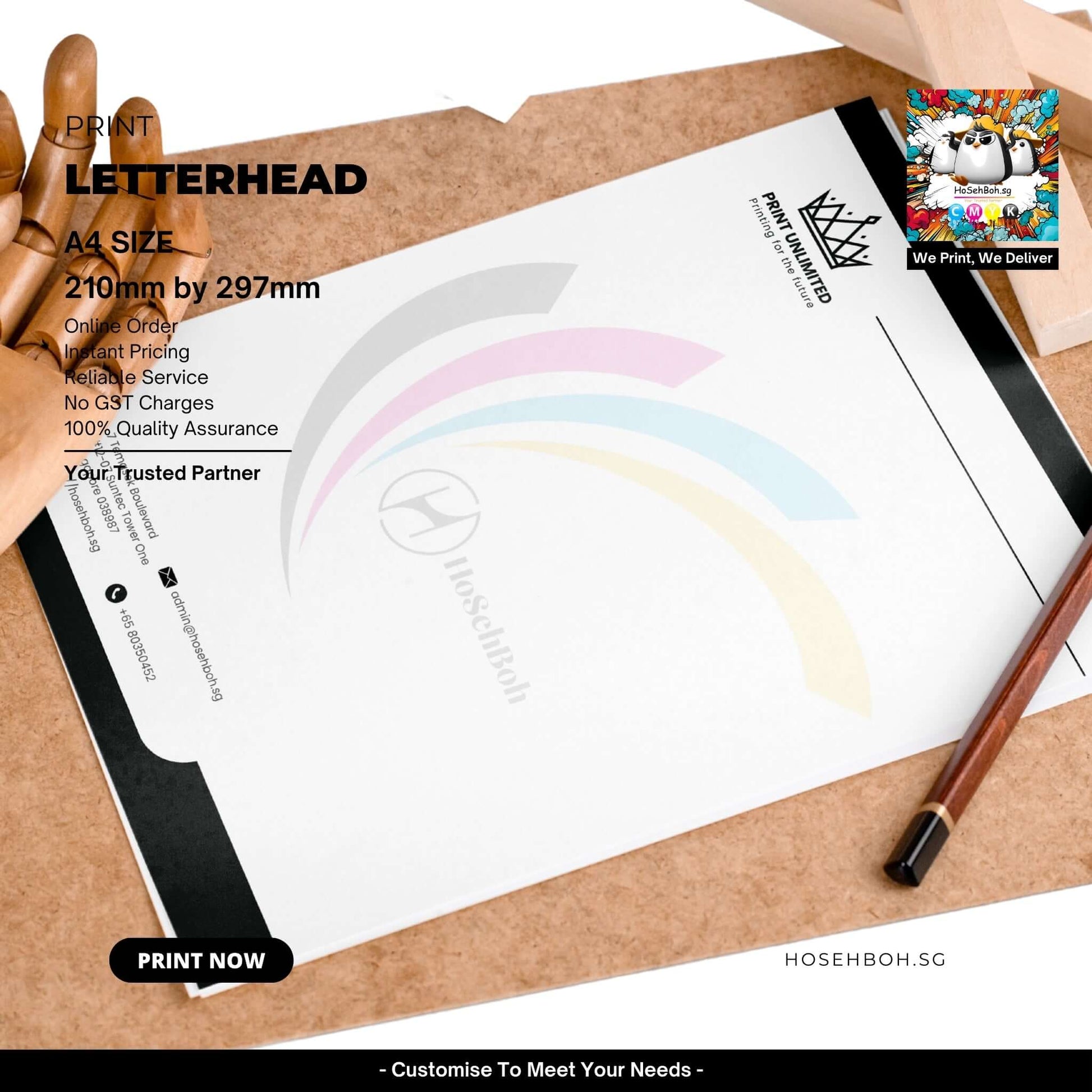 Affordable A4 letterhead design showcasing quality printing service in Singapore, tailored for business needs.