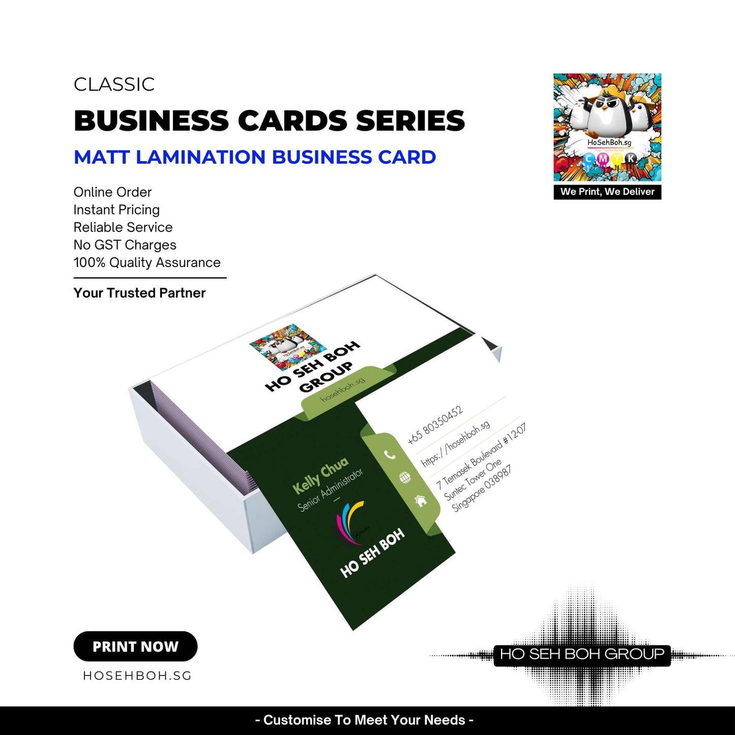 Matt Lamination Business Card showcasing features like online order and quality assurance, focused on Namecard printing.