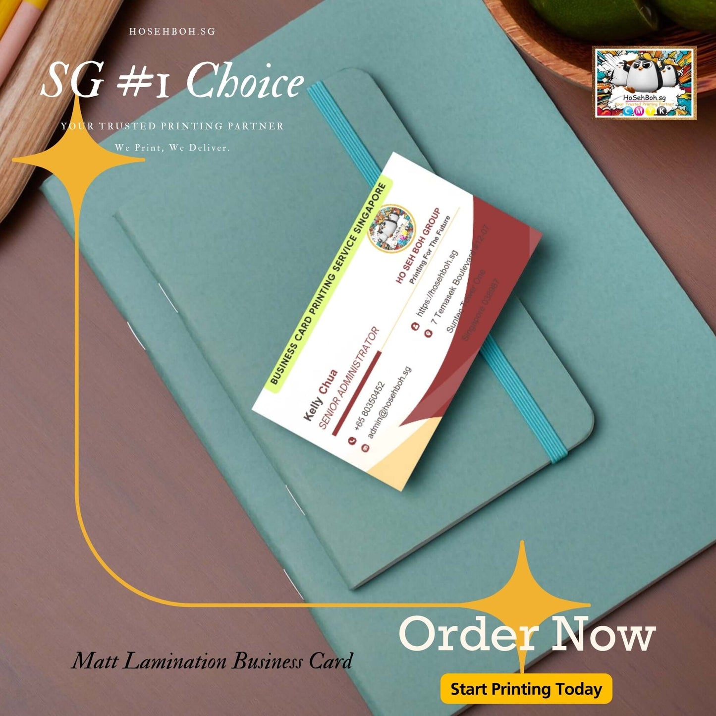 Matt Lamination Business Card showcasing Namecard printing, placed on a turquoise notebook with a stylish design.