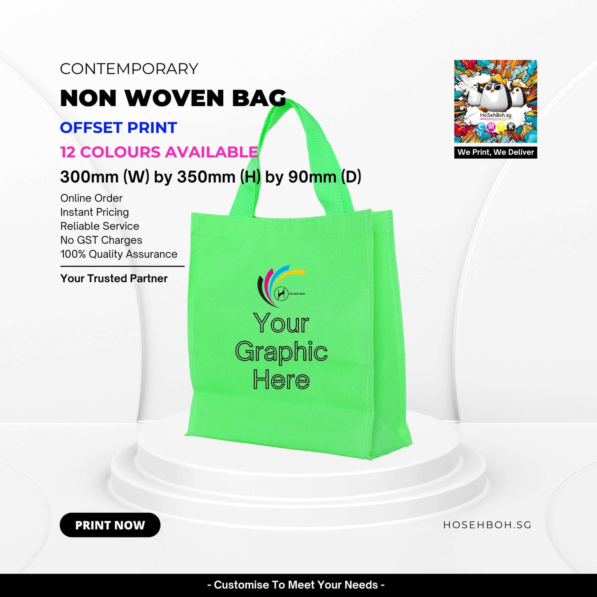 Bright green non-woven bag with customizable graphic, showcasing offset print and dimensions in Singapore.