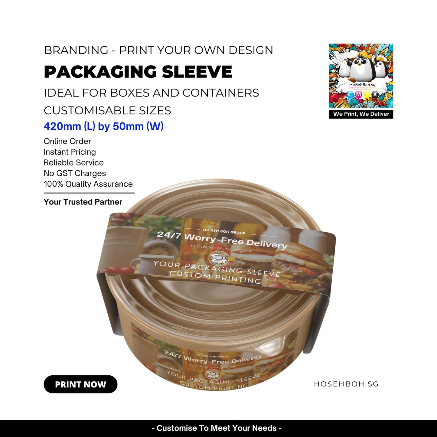 Packaging sleeve printing for custom designs, ideal for boxes and containers, 420mm L x 50mm W.