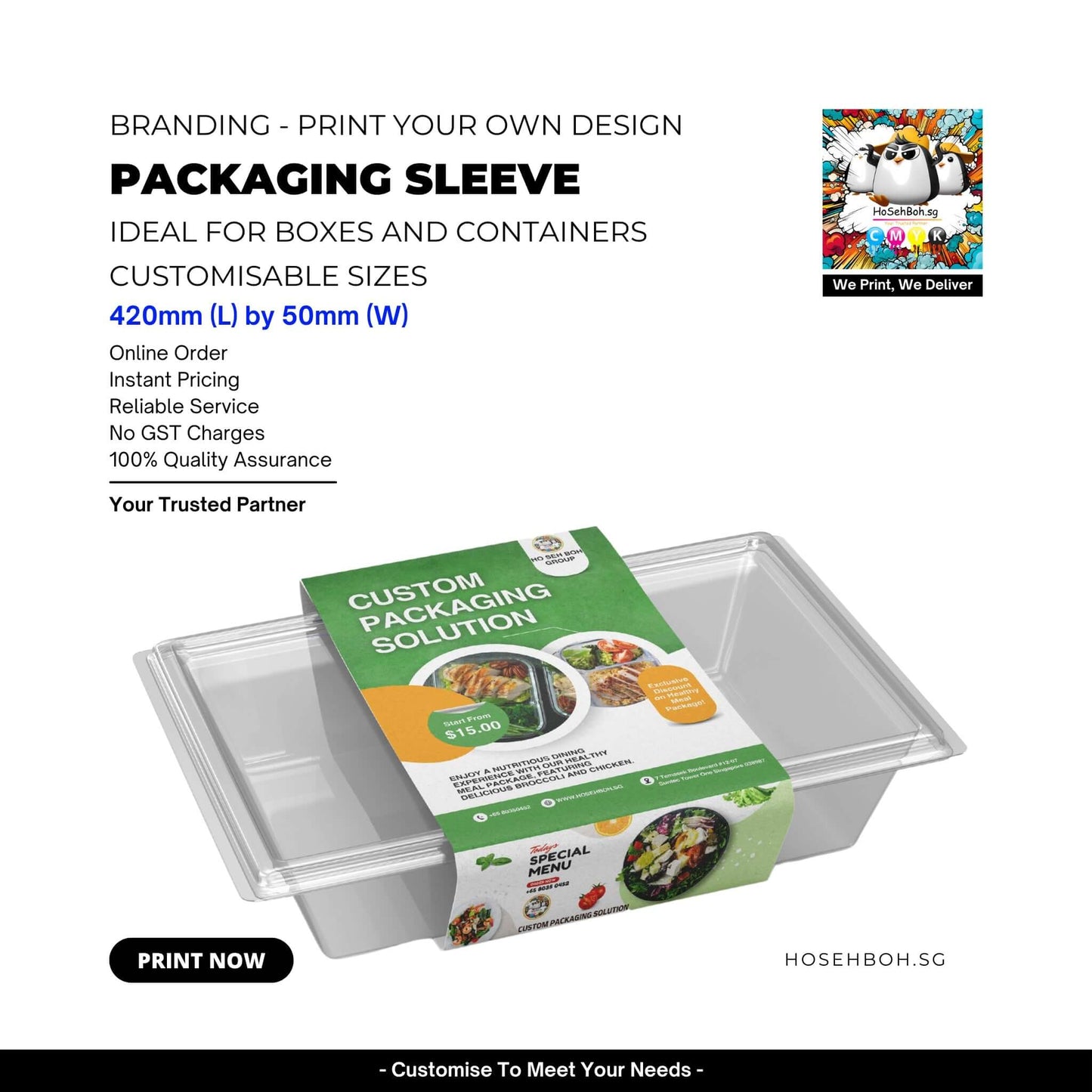 Packaging sleeve printing for custom boxes and containers, featuring dimensions 420mm by 50mm, ideal for branding solutions.