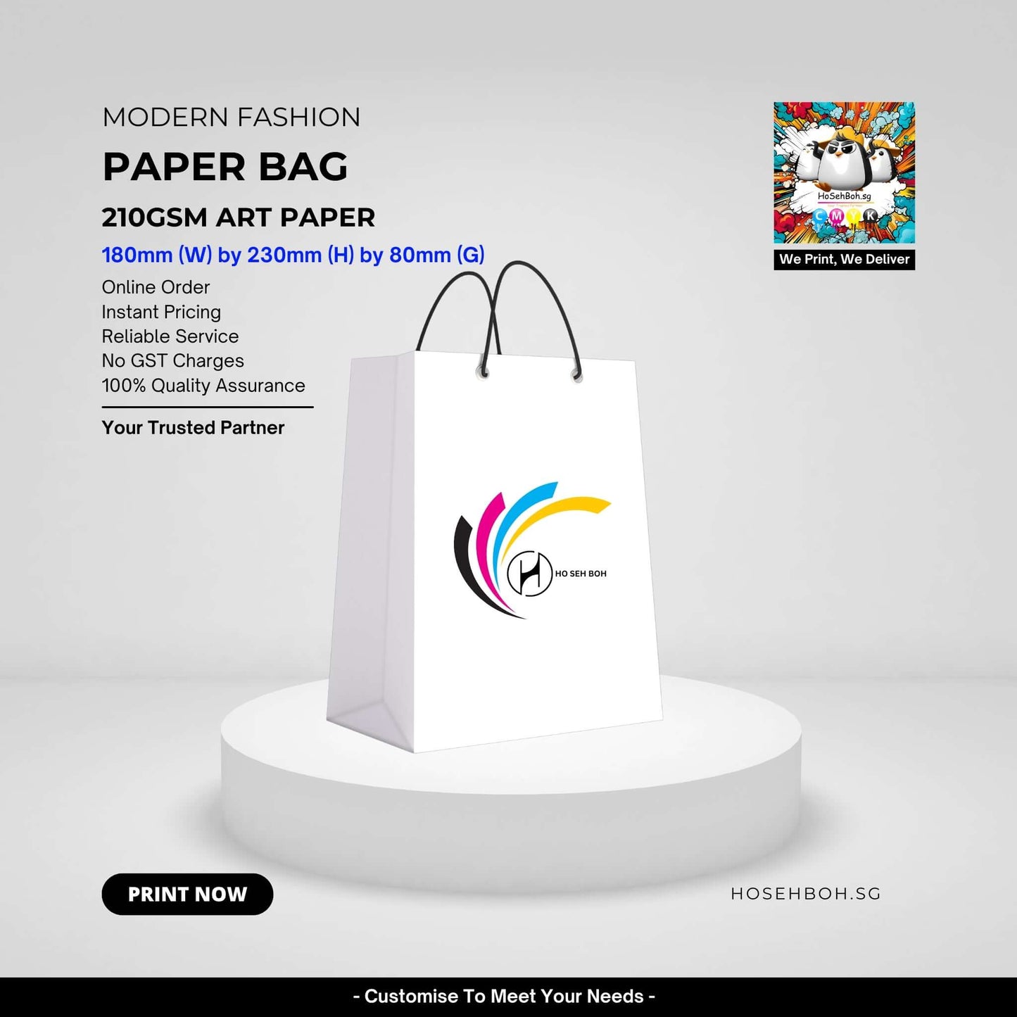 Premium extra Small paper bag printing, custom branding, modern design, 210GSM art paper, Singapore printing.