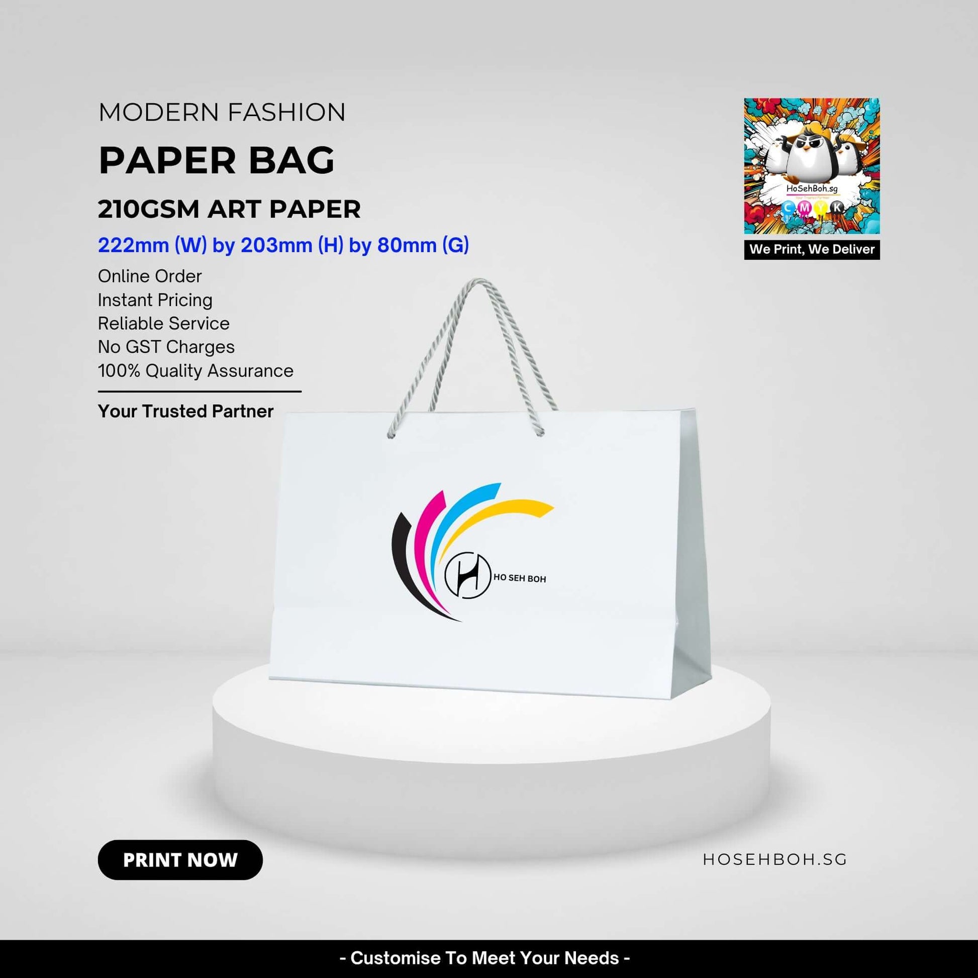 Premium small paper bag with stylish printing, perfect for gifts and branding, from Ho Seh Boh Group Singapore.