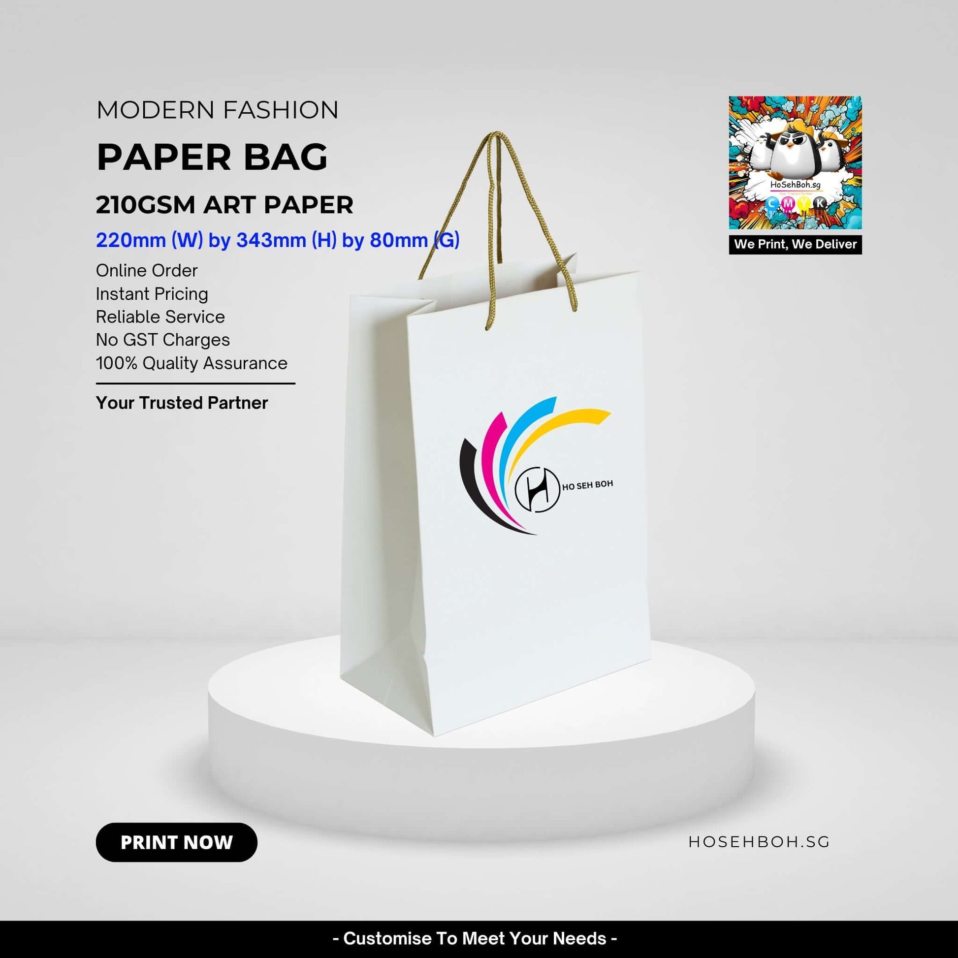 Premium paper bag printing made with 210gsm art paper, featuring modern design and customizable branding options.