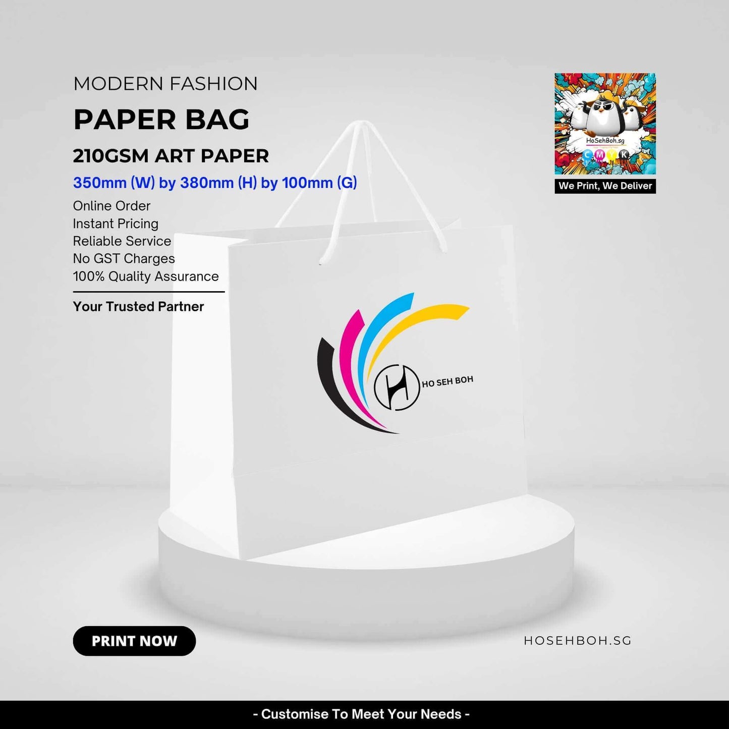 Large custom printed paper bag featured in modern design for premium branding, available at Ho Seh Boh Group.