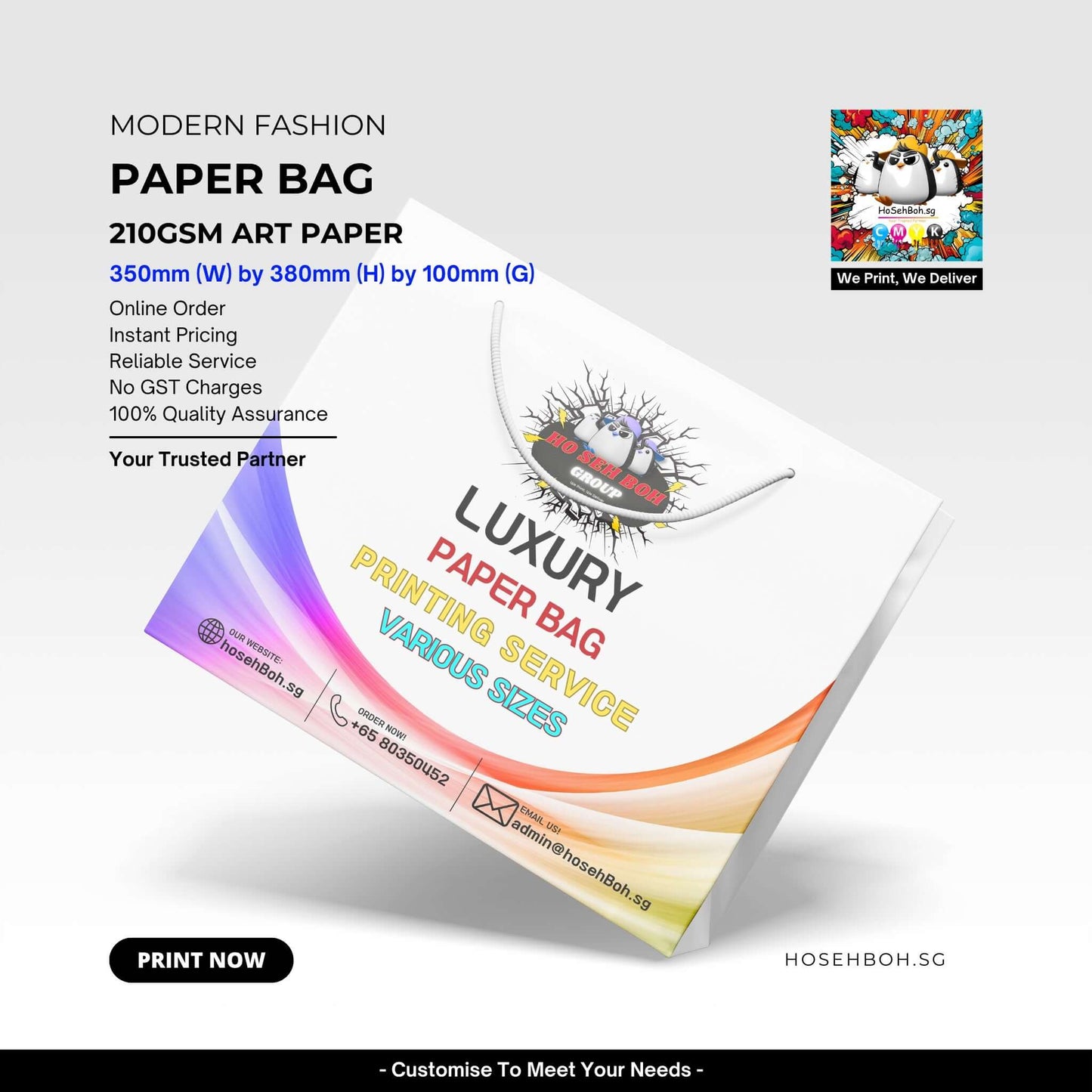 Custom shopping bags featuring luxury paper bag design with vibrant colors and printing service details.