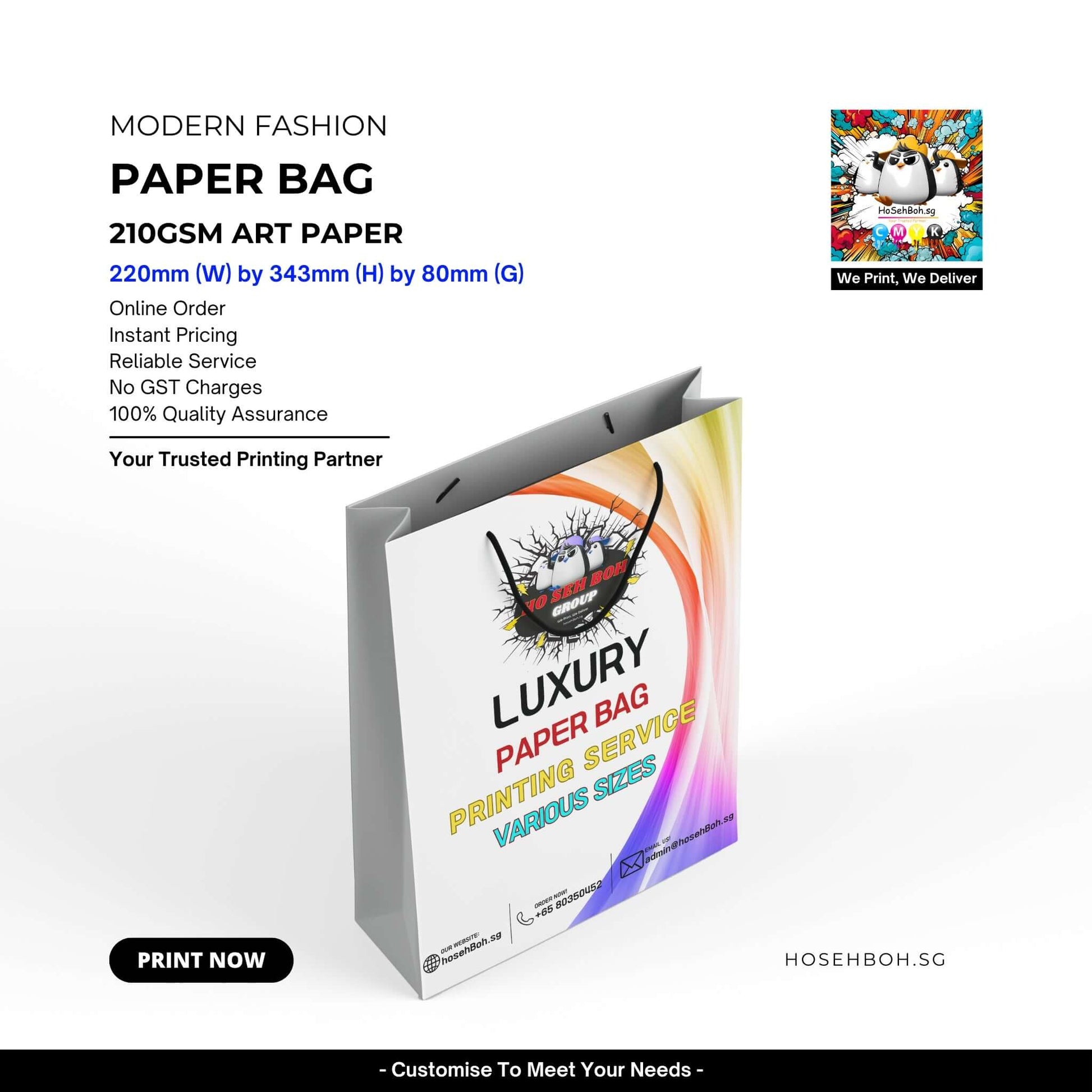 Premium paper bag printing on 210gsm art paper, showcasing vibrant design and various sizes for luxury packaging.