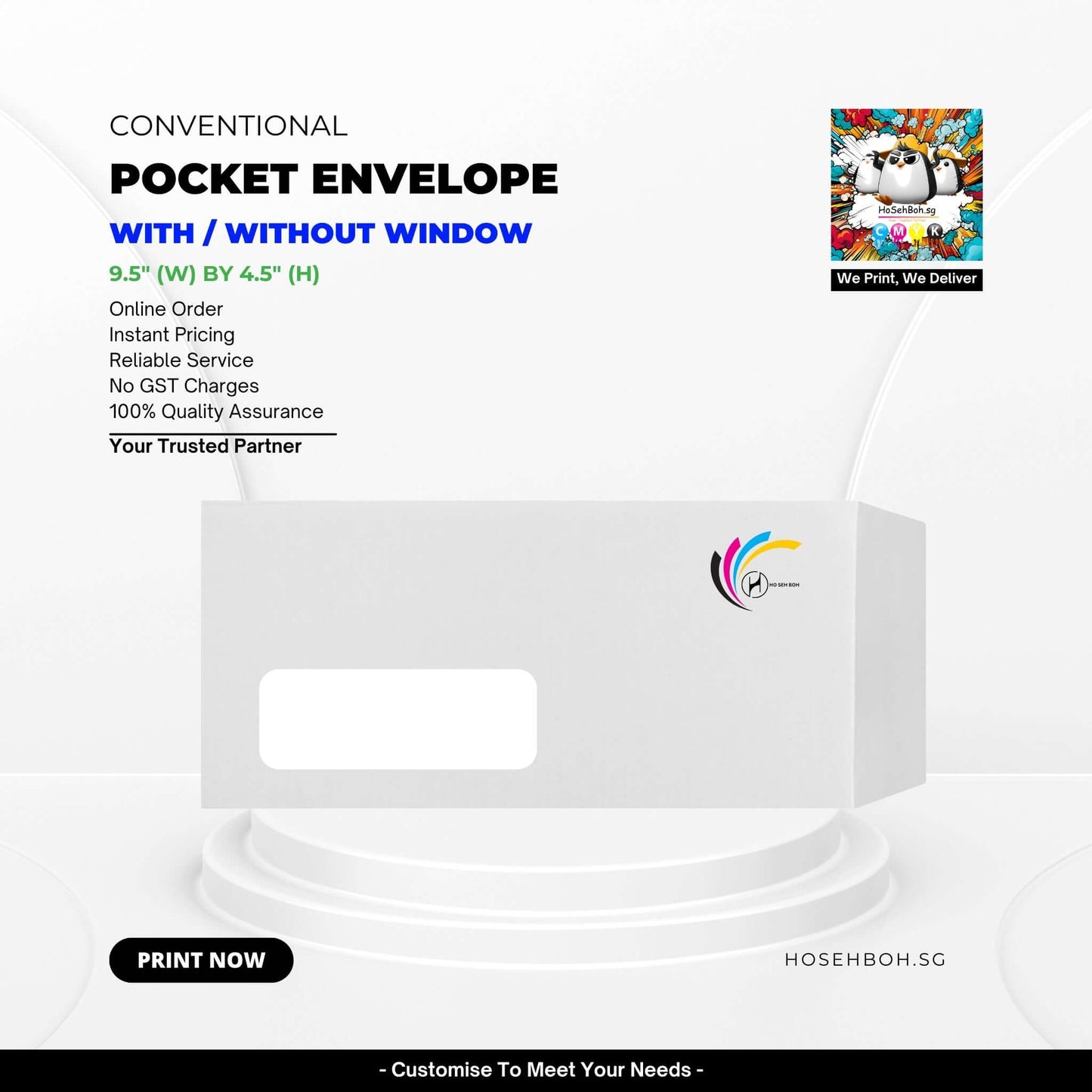 Customizable pocket envelope printing service by Ho Seh Boh, available with or without window, featuring reliable service and quality assurance.