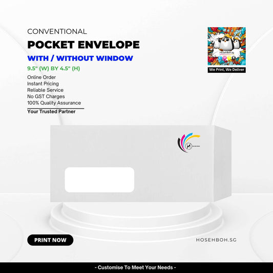 Customizable pocket envelope printing service by Ho Seh Boh, available with or without window, featuring reliable service and quality assurance.