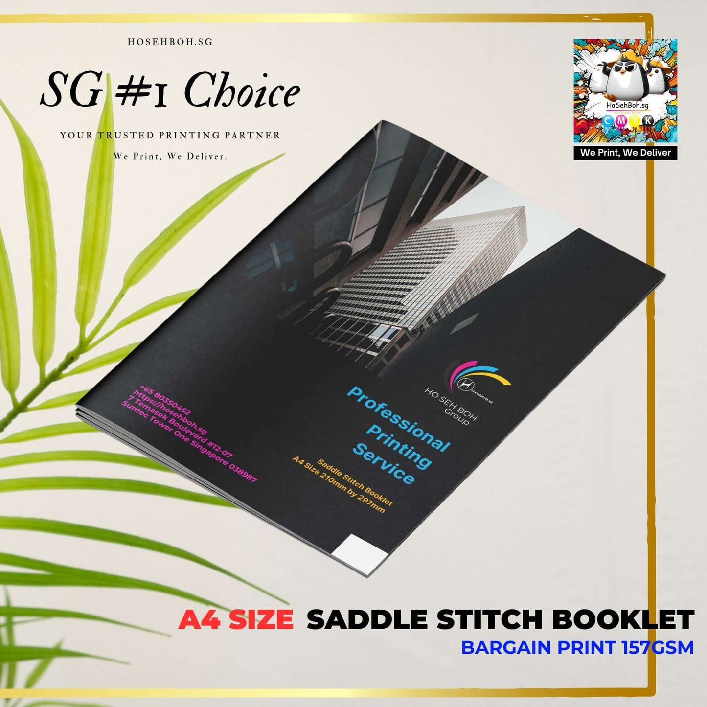 A4 size saddle stitch booklet showcasing professional printing service in Singapore, featuring vibrant designs and quality print.