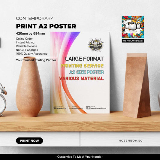 Contemporary A2 poster printing service with vibrant design, showcasing online order and reliable service details.