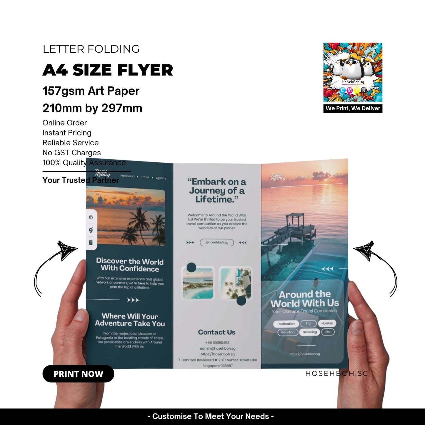 A4 Letter Fold brochure printed on 157gsm art paper showcasing travel destinations and professional design.