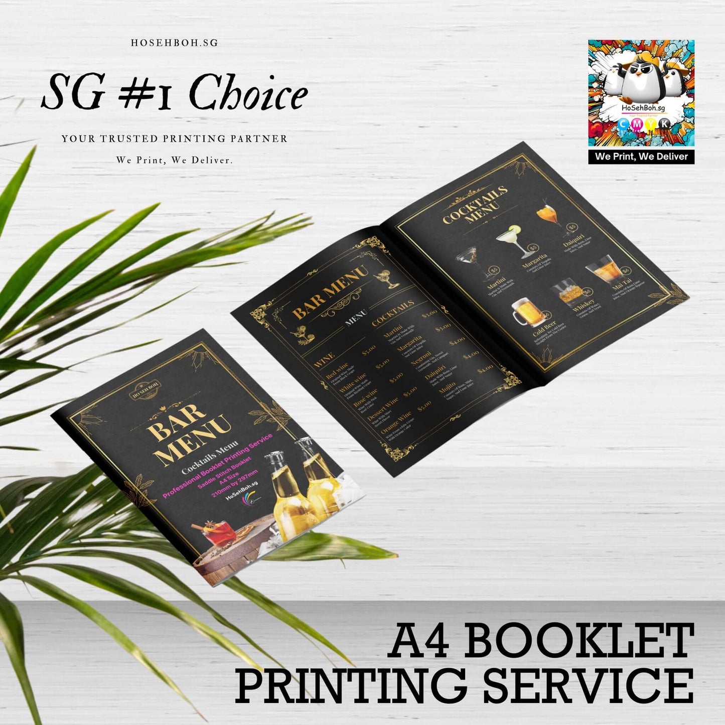 A4 saddle stitch booklet showcasing bar menu with drinks, from HoSehBoh's professional printing service in Singapore.