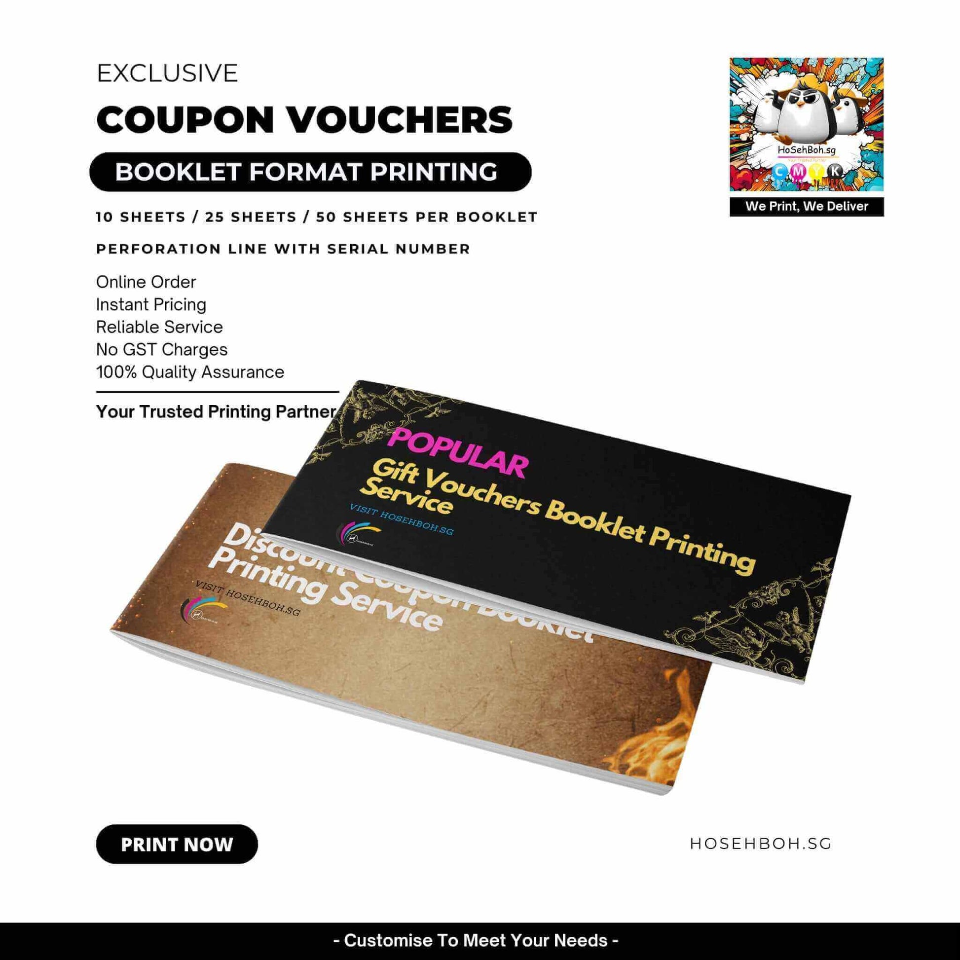 Booklet coupon vouchers with printing details, featuring personalized gift offers and promotion services. Ho Seh Boh Group in Singapore.