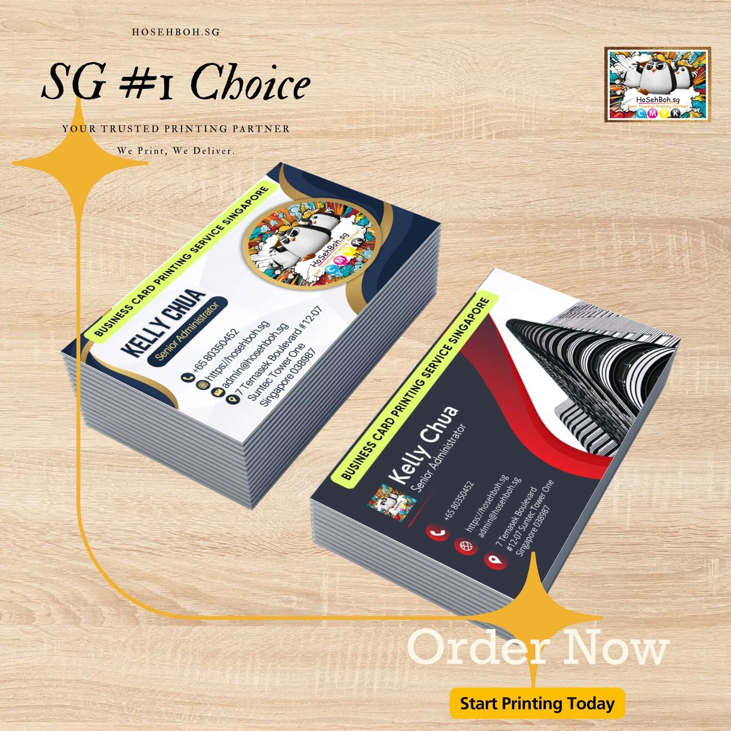 Premium ivory business cards displayed, featuring customized designs and printing services by Ho Seh Boh Group Singapore.