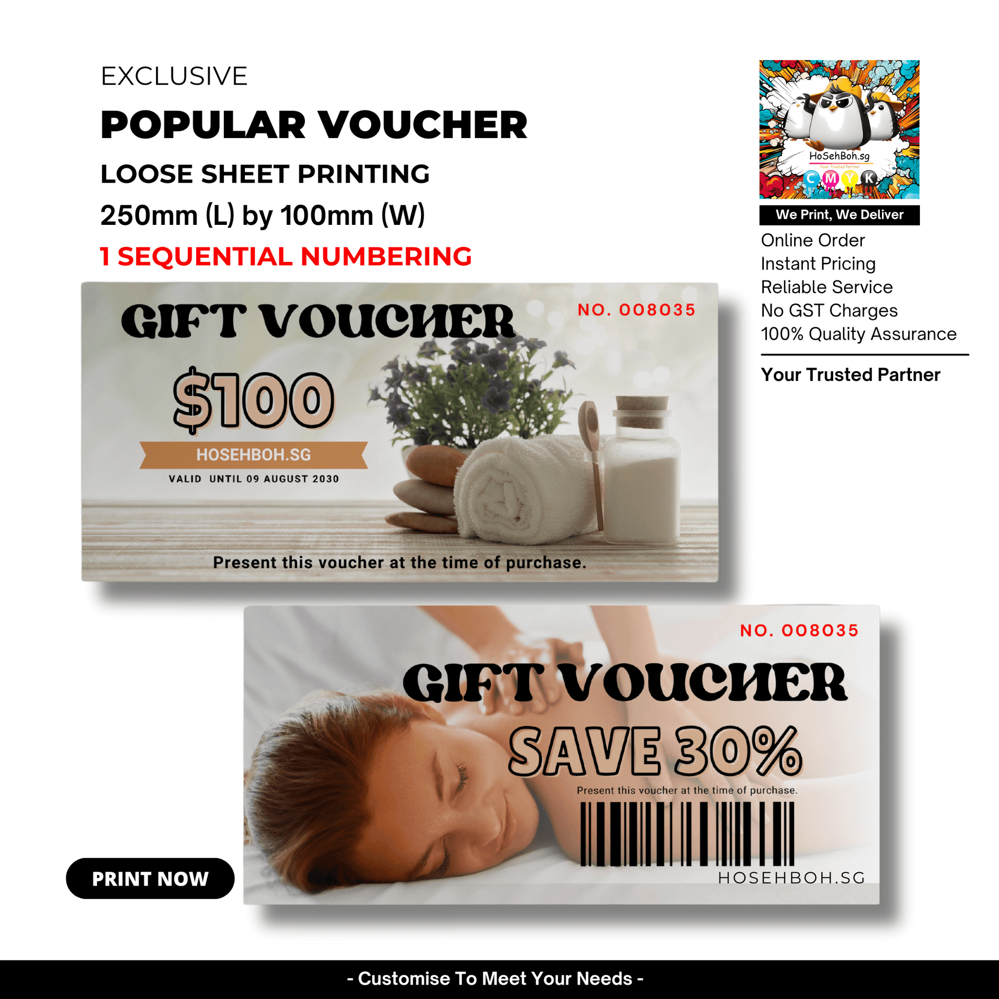 Custom printed vouchers for discounts, 250mm x 100mm, from cheapest voucher printing service Singapore, Ho Seh Boh Group.