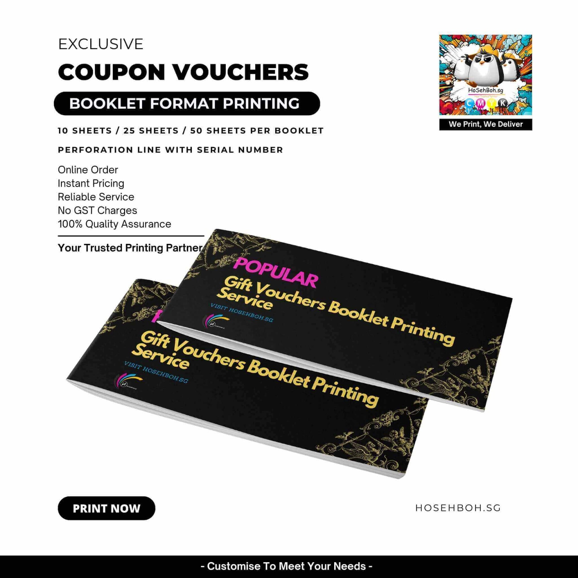 Booklet coupon vouchers featuring 10 sheets and customizable design for discount promotions in Singapore.