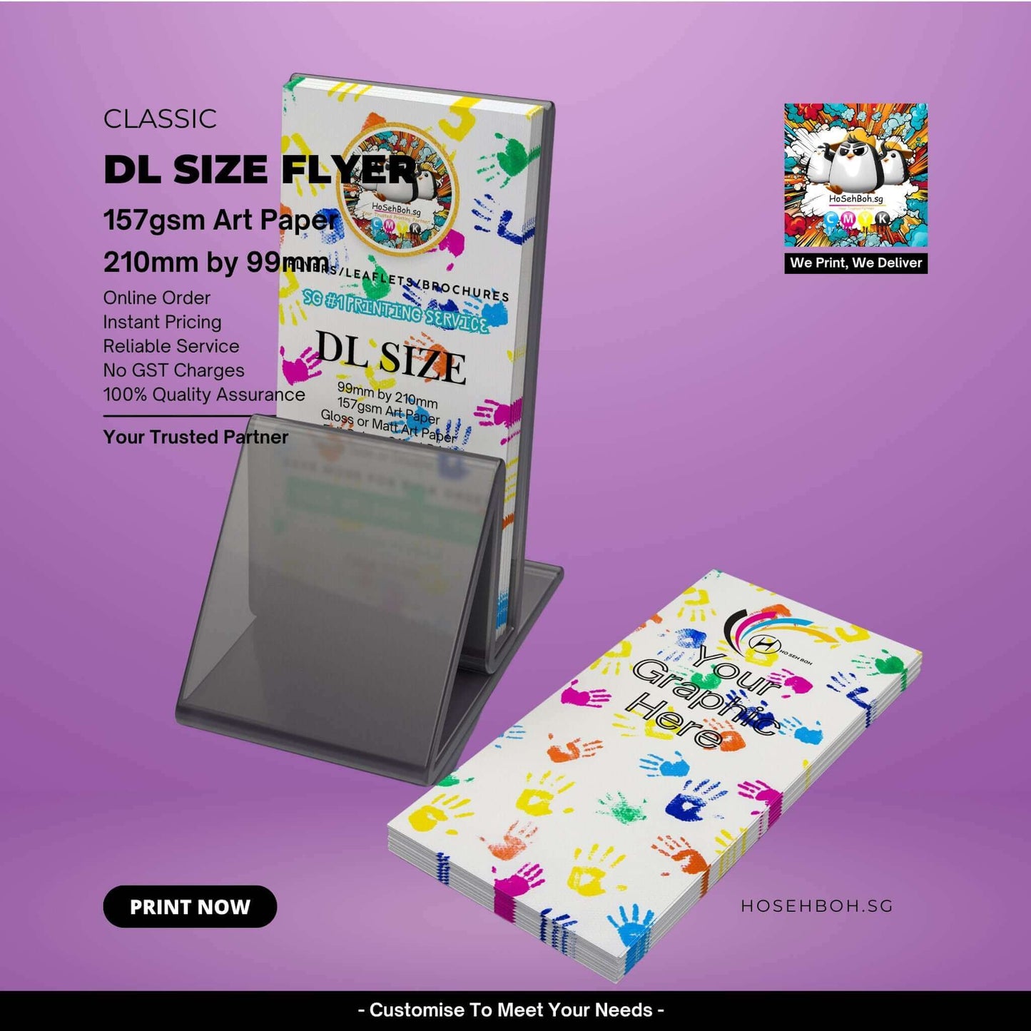 DL Flyers Printing Singapore displayed on 157gsm art paper showcasing vibrant design and size dimensions.