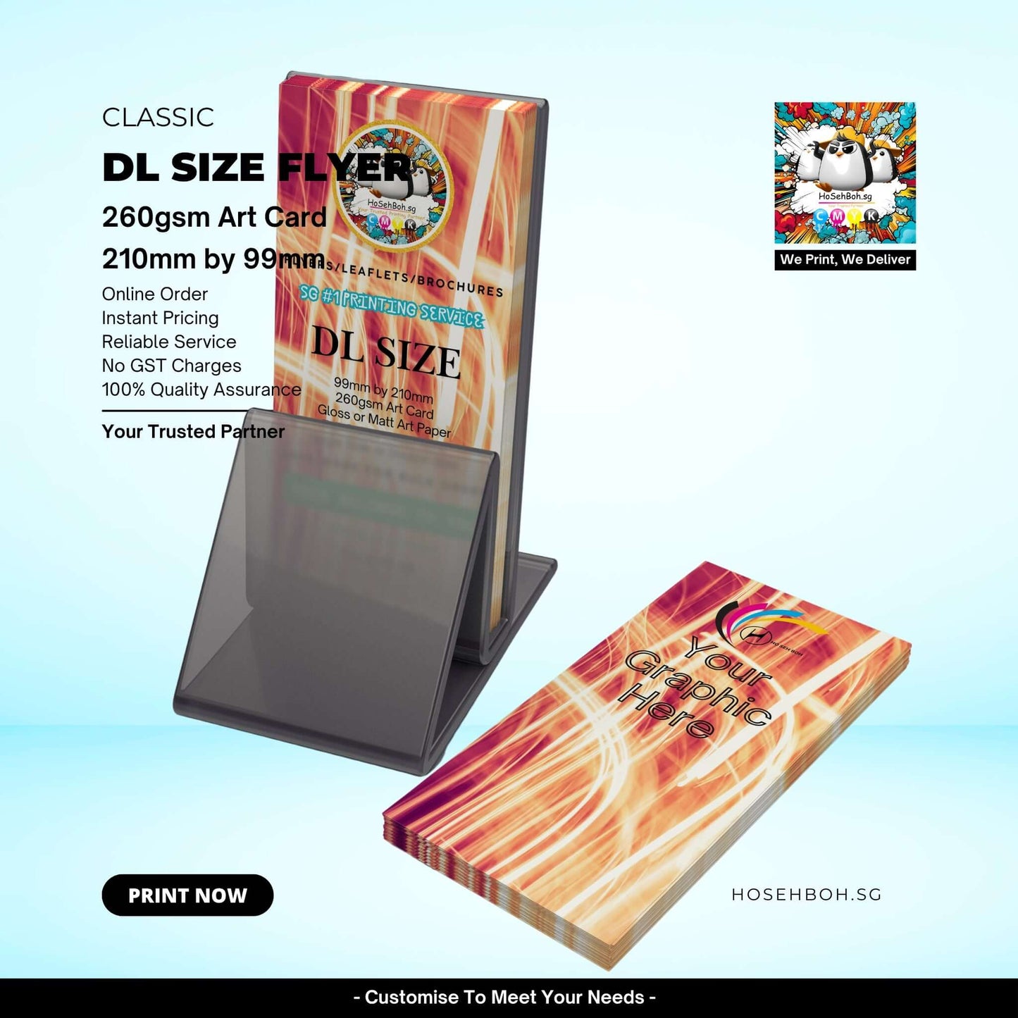 DL Size Flyer on display, 260gsm art card, ideal for promotions in Singapore, showcasing vibrant design and quality print.