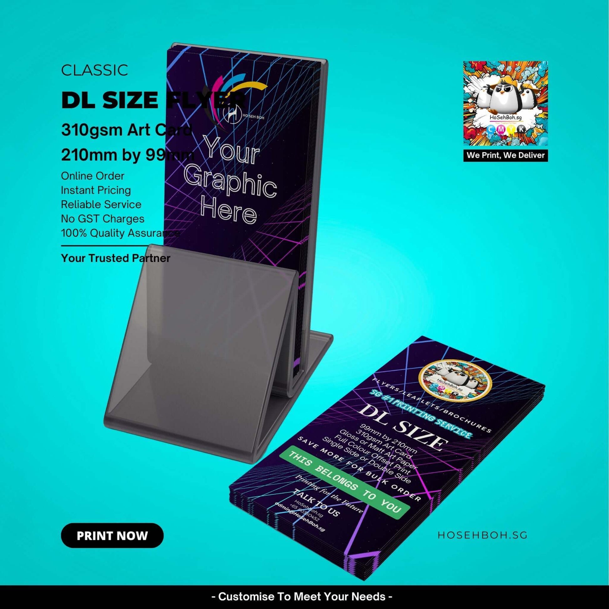 DL Flyer Printing Singapore, showcasing 310gsm art card with customizable design for impactful marketing.