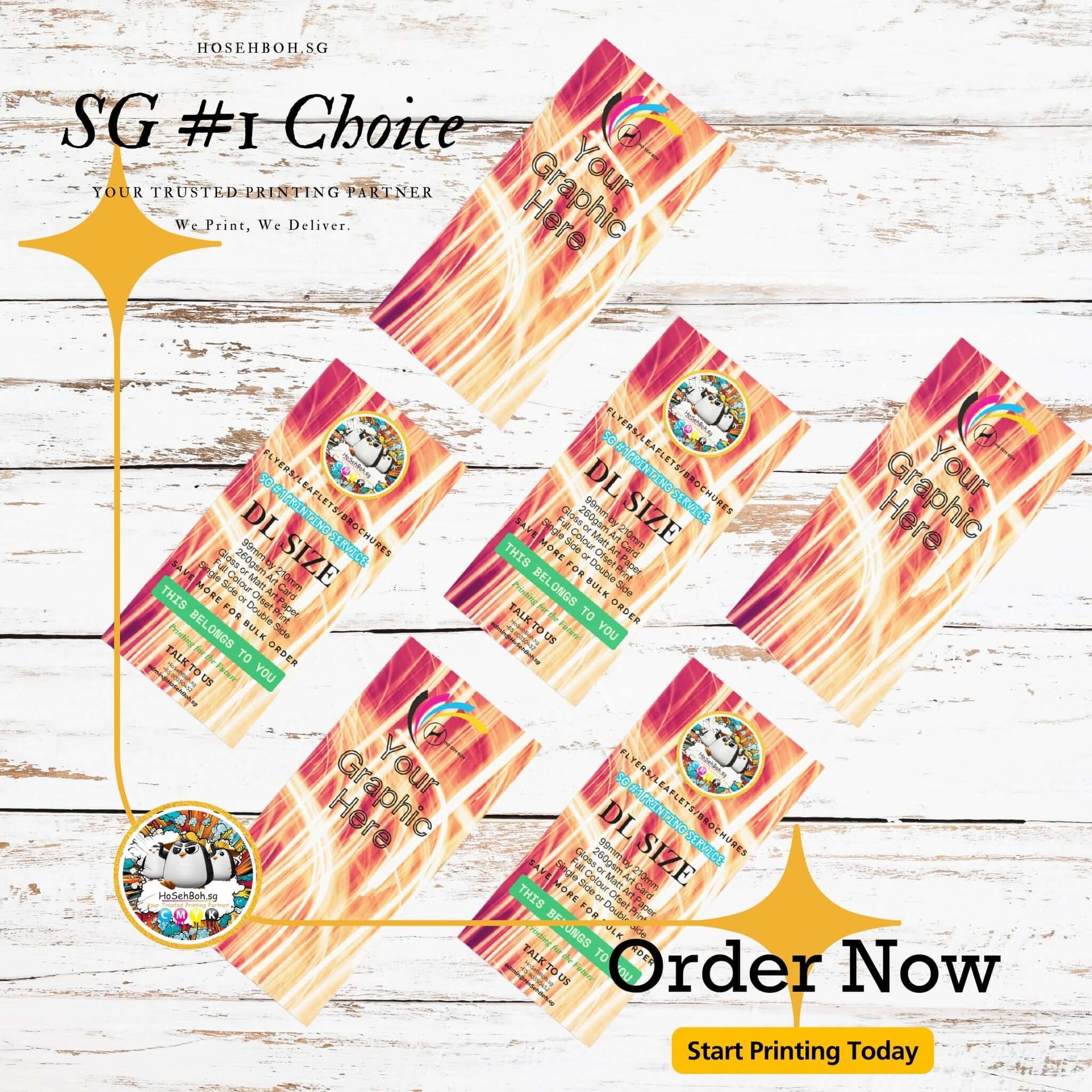 DL size flyer printing 260gsm displayed attractively with a call to action to order now for promotions.